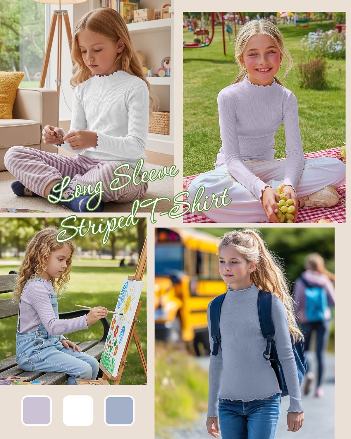 3 Pack Girls Lettuce Trim Mock Neck Cotton Long Sleeve Shirts, 5-14 Years Ribbed Slim Tops Casual Layer Basic Tees