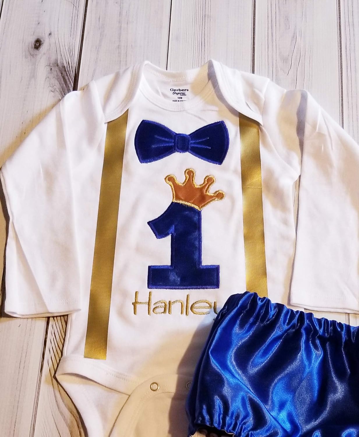 Royal Blue Gold 1st 2nd Birthday Outfit – Custom Onesie with Crown, Bow Tie & Satin Diaper Cover