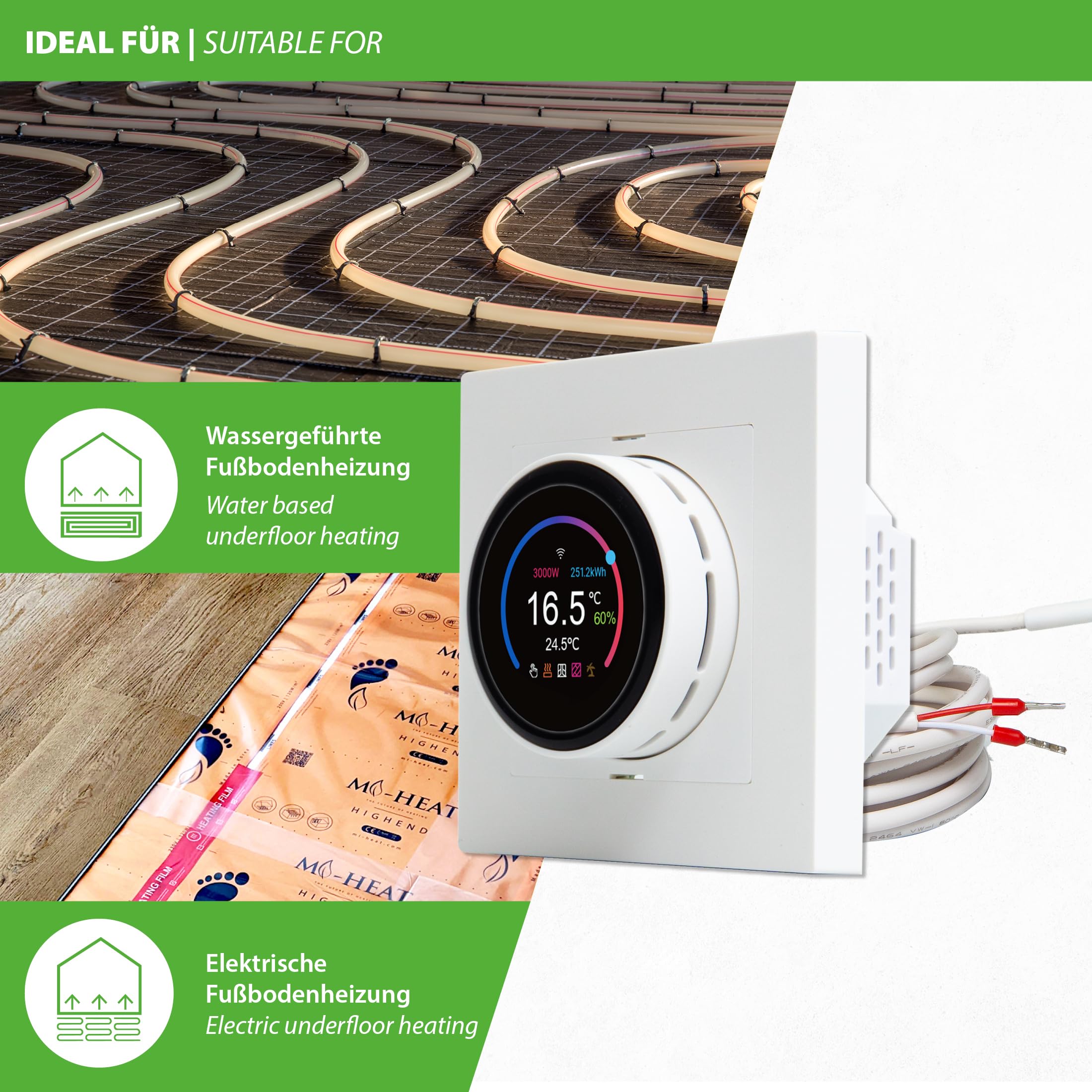 Mi-Heat TH11 WiFi Smart Raumthermostat weiß - für Fussbodenheizung Temperaturregler Thermostat Tuya App