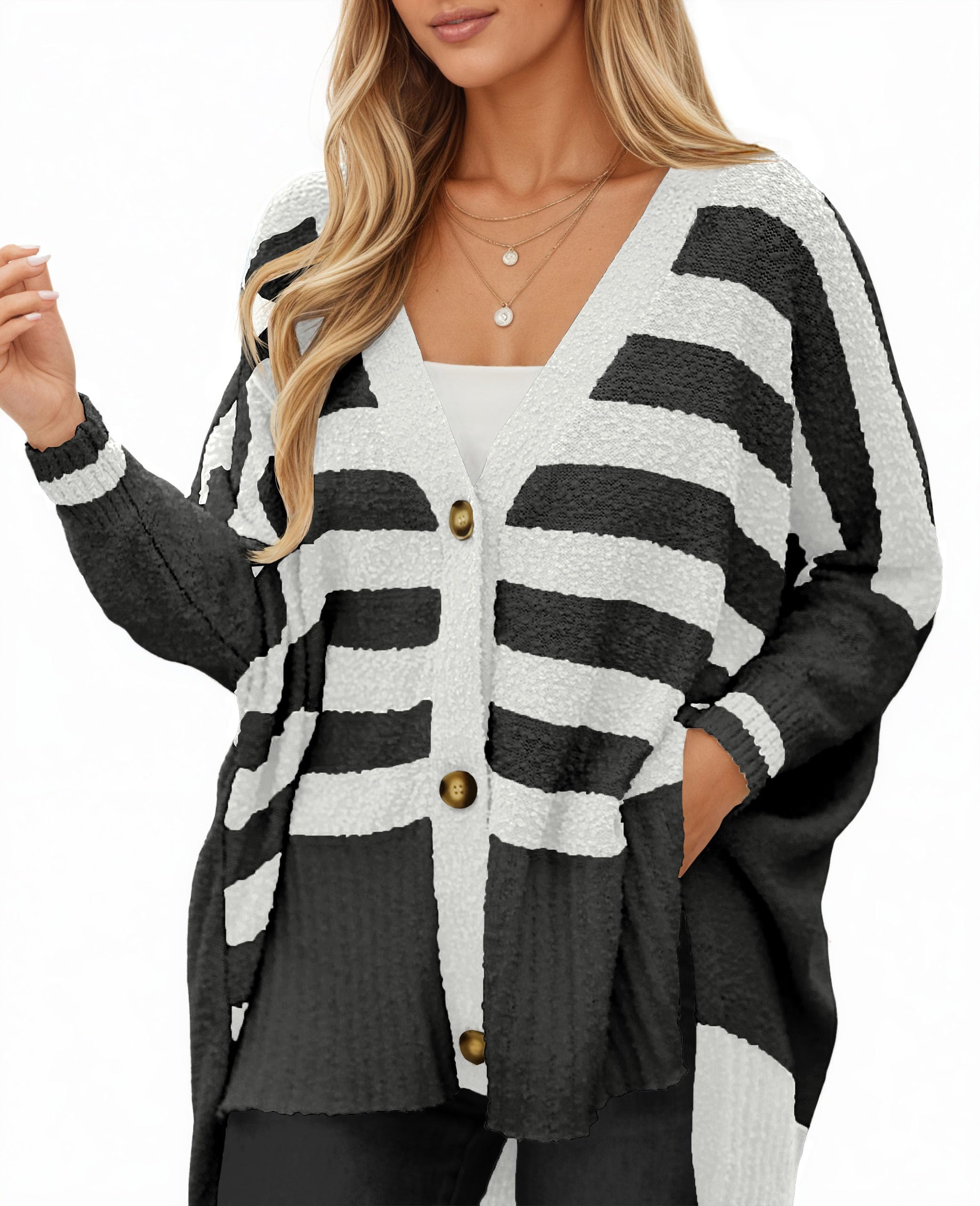 Saodimallsu Womens Oversized Striped Cardigan Sweaters V Neck Fuzzy Knit Button Up Side Slit Fall Sweater Coats