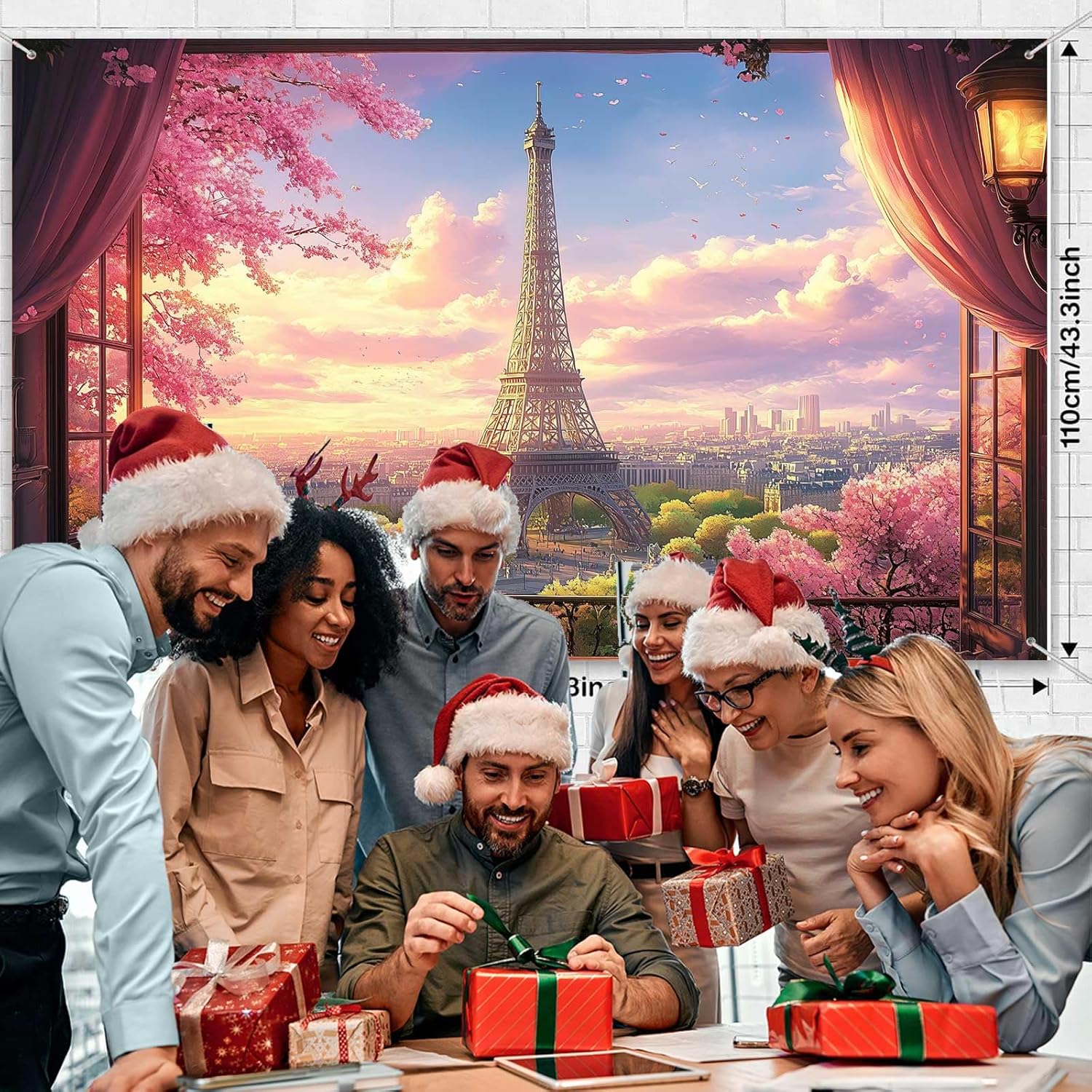 10 x 8 ft Eiffel Tower Background Polyester Spring French Paris City Landscape Backdrop, Pink Cherry Blossom Banner Aerial Balcony Scene Tea Party Photo Shoot Props