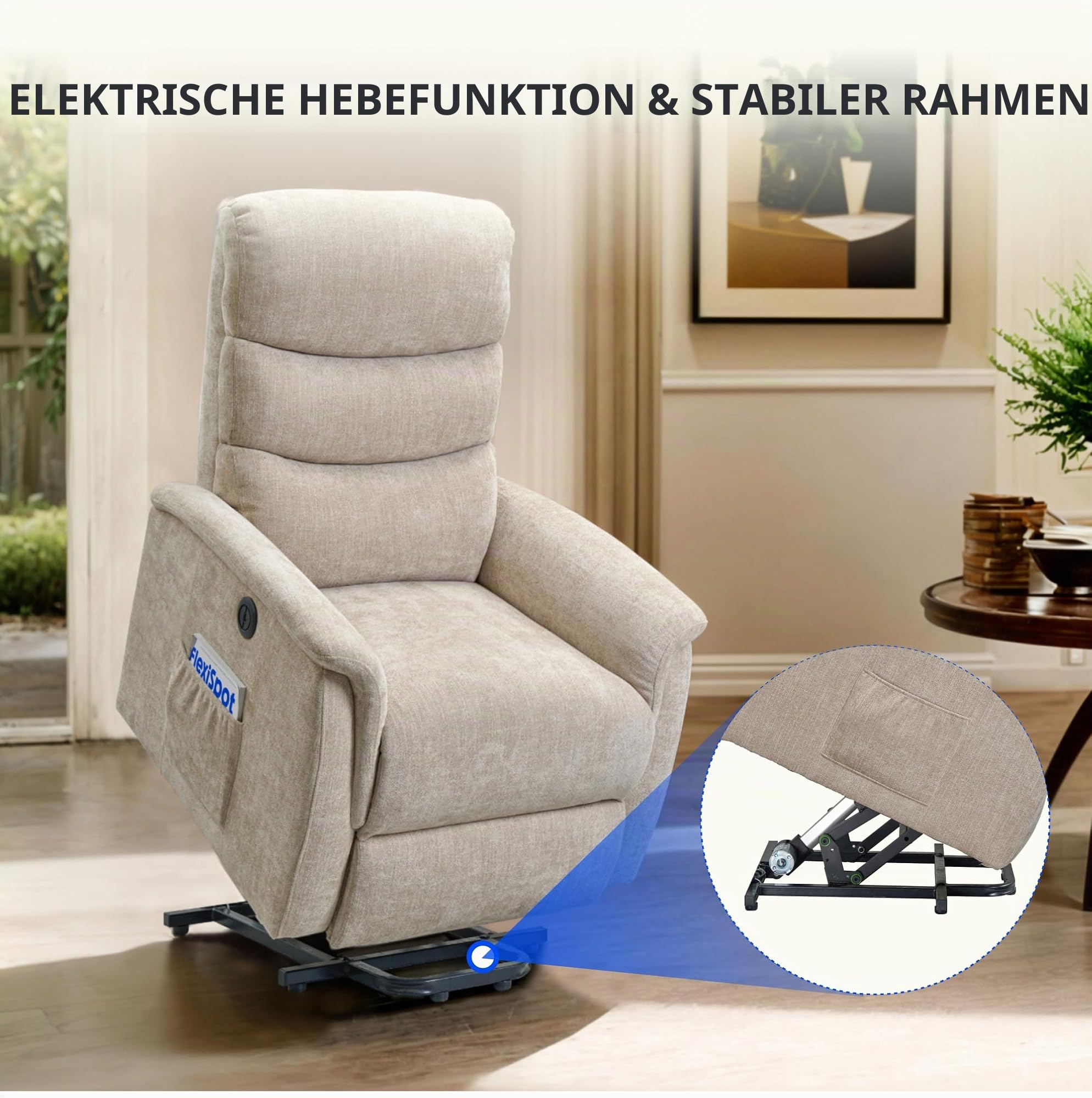 FLEXISPOT Relaxsessel, Aufstehsessel mit versteckter Becherhalter & Armlehnen-Aufbewahrung, Massagesessel mit Heizungfunktion im Wohnzimmer, Fernsehsessel, Liegesessel mit USB (Beige)