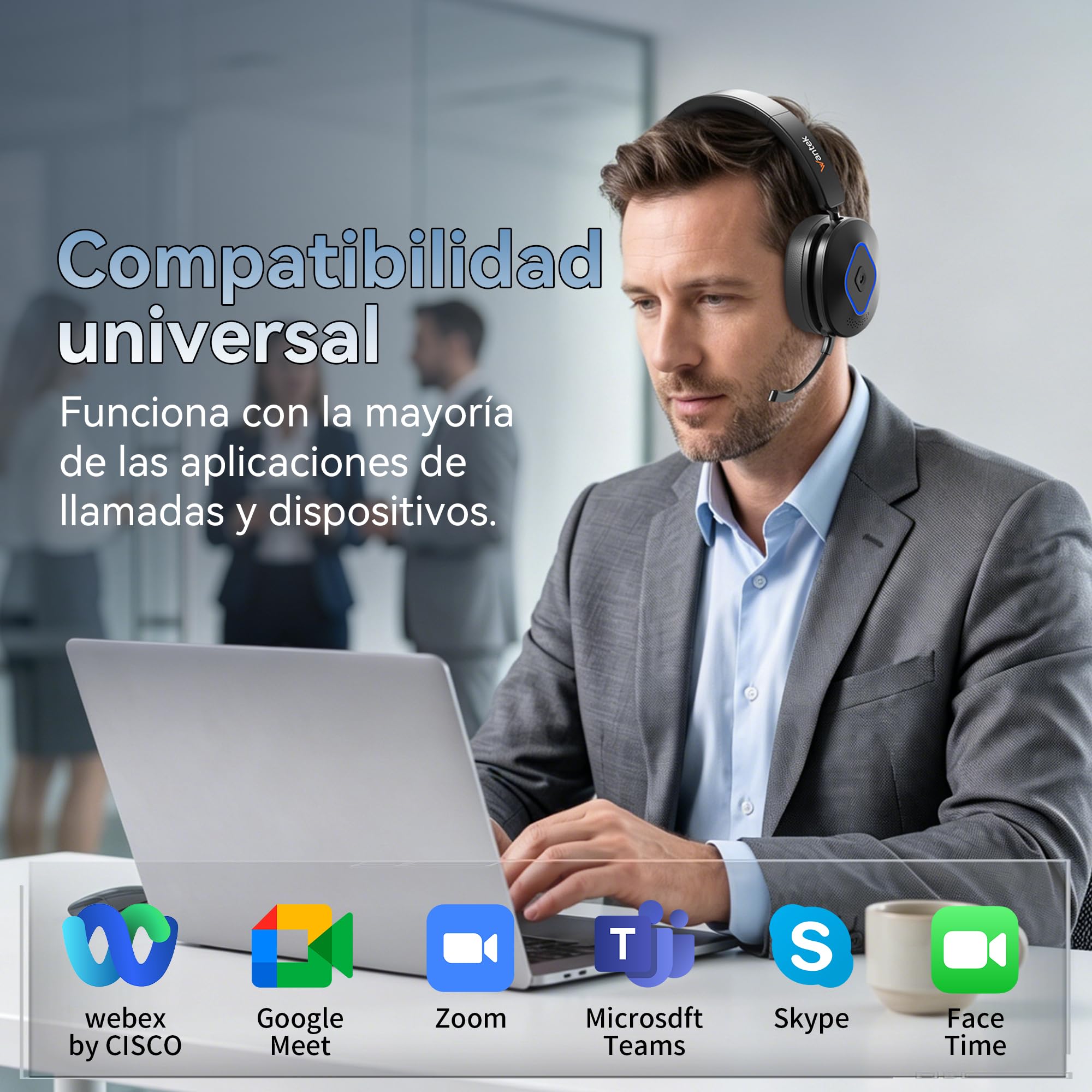 Wantek Auriculares Bluetooth con Micrófono, Base de Carga y Dongle USB, Bluetooth 6.0, Cancelación de Ruido, Conexión Dual, 50 Horas, para PC, Portátil, Móvil, Teams, Zoom y Oficina