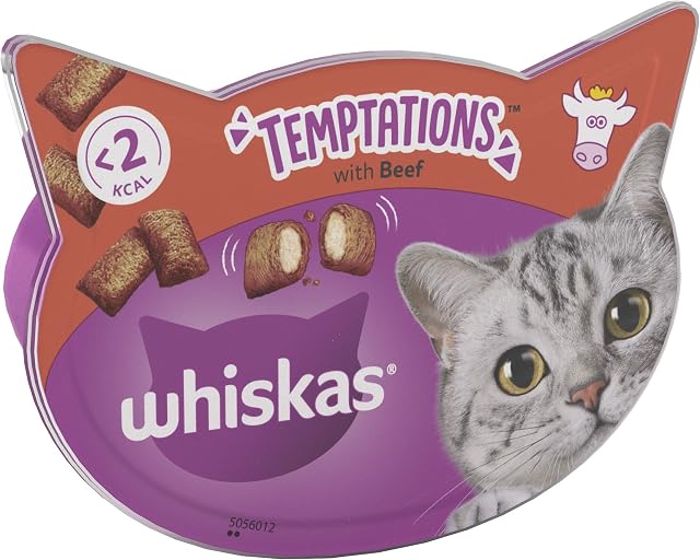 WHISKAS Temptations - Tasty, crunchy cat treats, small bite size snacks with a delicious beef filling, 8 x 60g packets - Pack may vary