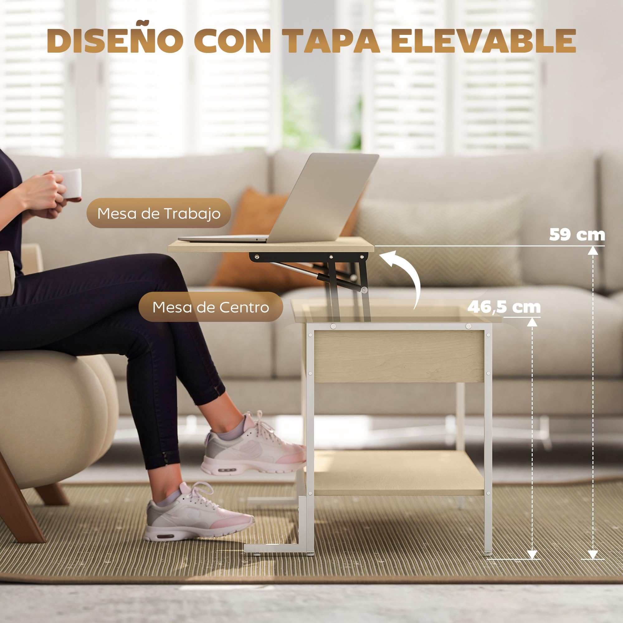 HOMCOM Mesa de Centro Elevable Cierre Suave 95x40x59 cm Natural y Blanco | Mesa de Café, Espacio Oculto de Almacenaje, Estante Abierto