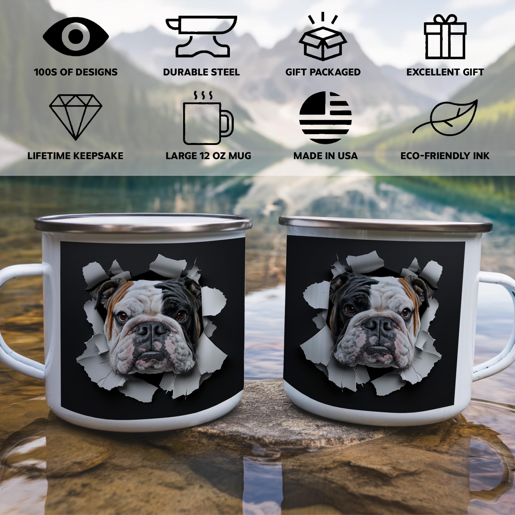 English Bulldog Face Wall Break Camping Mug, 12oz Coffee Cup for Outdoor Dog Fans, Realistic Pet Expression Enamel Campfire Cup, Black Background Metal Drinkware Gift for Animal Lovers