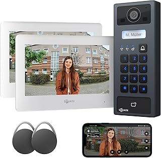 GOLIATH Basic 2-Draht Bus Video-Türsprechanlage, Full-HD, App-Steuerung, 2X 7 Zoll Monitore in Weiß, RFID & Keypad, 1-Familienhaus, Aufputz, AV-BLS-K-02W
