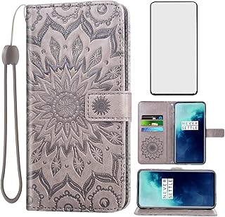 Phone Case for OnePlus 7 Pro Wallet Cases with Tempered Glass Screen Protector and Slim Flip Cover Card Holder Stand Cell OnePlus7Pro 5G One Plus 1+7 1Plus OnePlus7 7Pro One+ 1 + Seven Women Men Gray