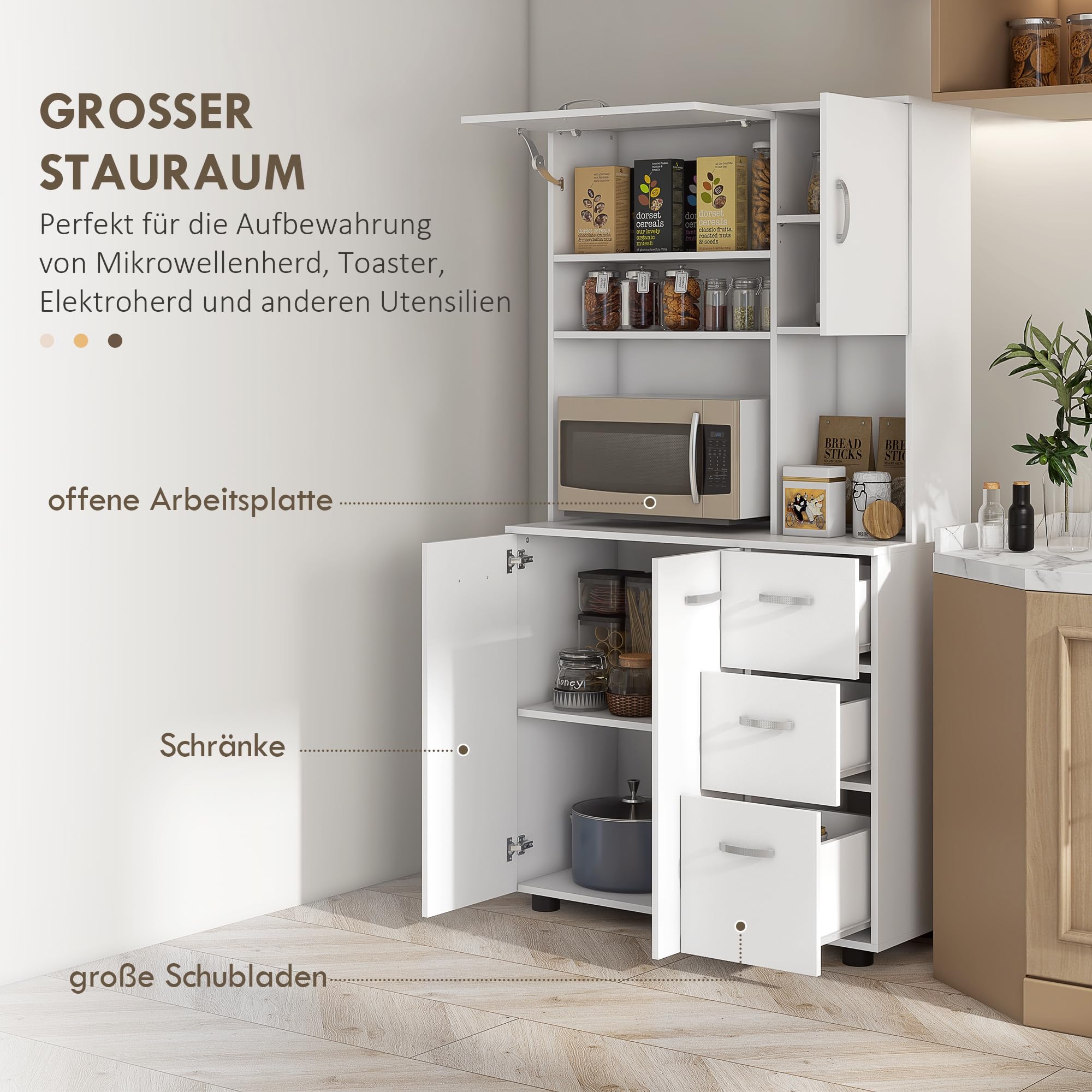 HOMCOM Küchenhochschrank Mit 3 Türen & Schublade – Schwarz, 60x40x180 Cm, Mit Offenen Regalen & Mikrowellenablage