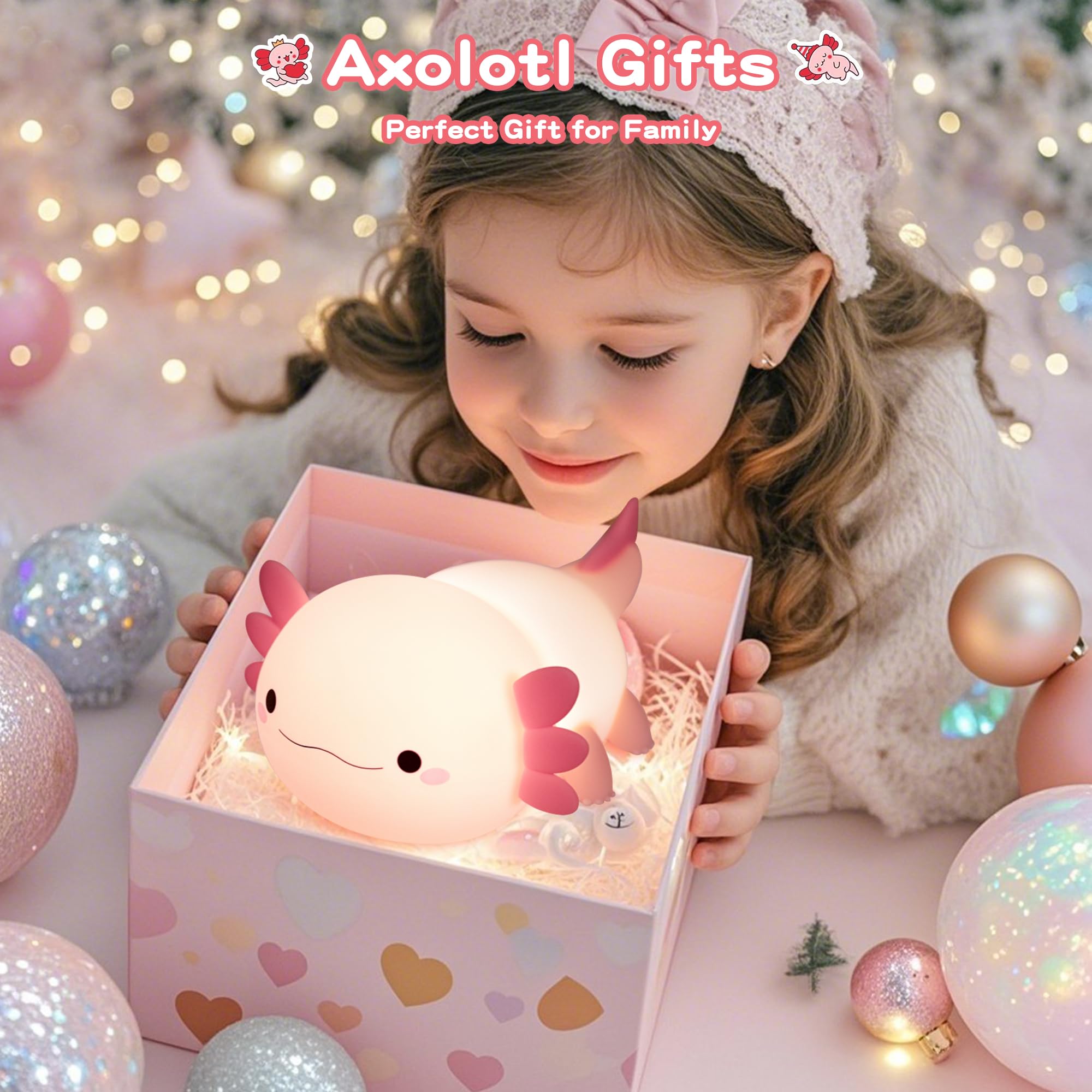 FAMIDUO Luce Notturna Neonato Axolotl Rosa, Silicone Lampada per Bambini Notturna Dimmerabile, Controllo Touch, LED Ricaricabile USB Luce Notturna Bambini, Regalo per bambina