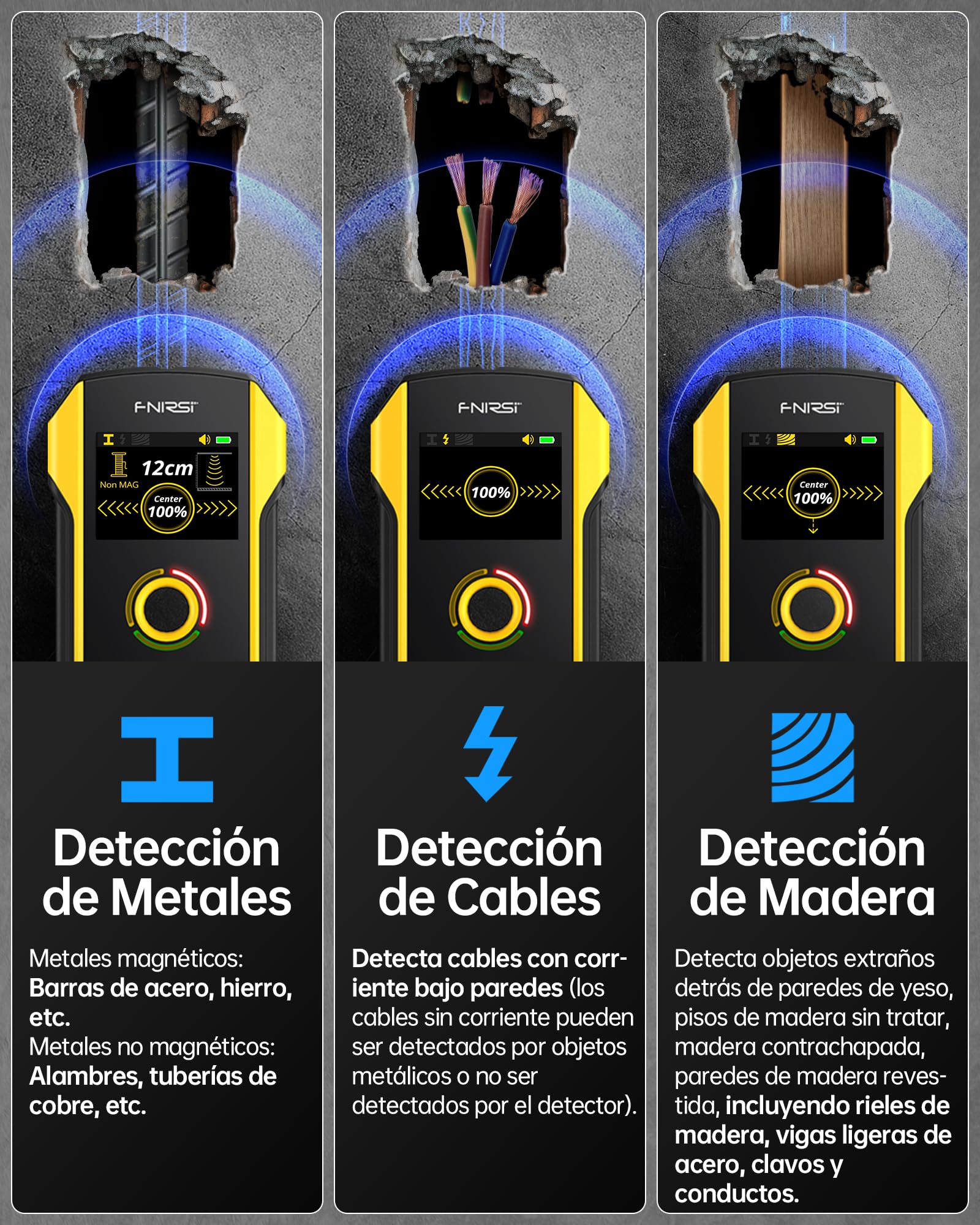 FNIRSI Detector de Vigas y Metales - FNIRSI WD-02 Detector de Paredcon pantalla TFT, Escáner de pared con orificio de posicionamiento para Escáner de Pared para Metales, Cables CA, Madera y Tuberías