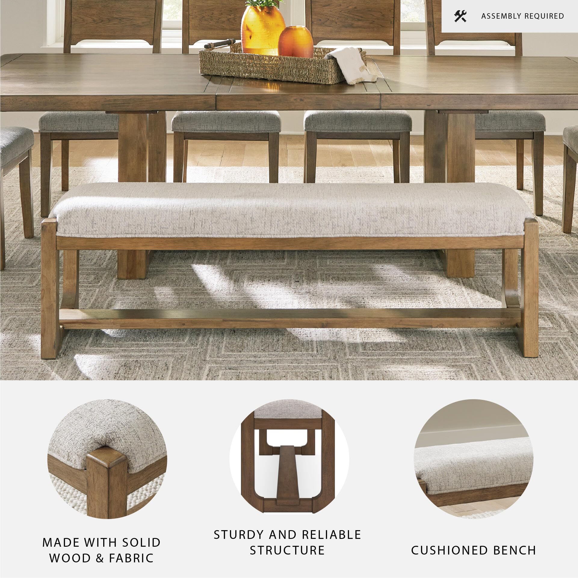 Signature Design by Ashley Cabalynn Farmhouse Upholstered Dining Bench, Foam Cushion, Hardwood Solids, 63.5" W x 16.5" D x 19.75" H, Beige & Light Brown | Hardwood solids and MDF substrates, Comfortable modern farmhouse seating, Versatile 63-inch profile,