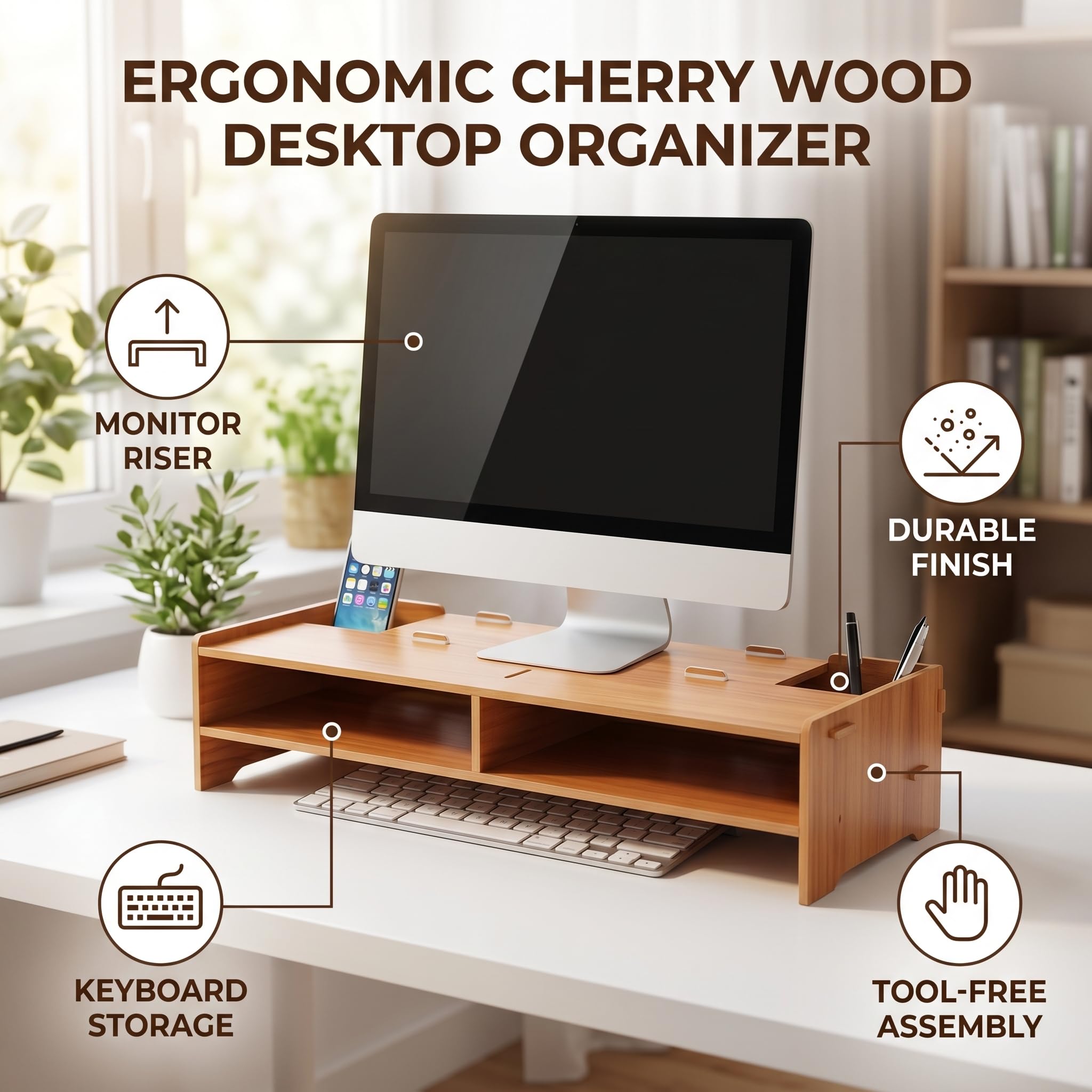 Support de moniteur en bois avec compartiments, pour clavier, téléphone, imprimante, support écran ergonomique pour bureau