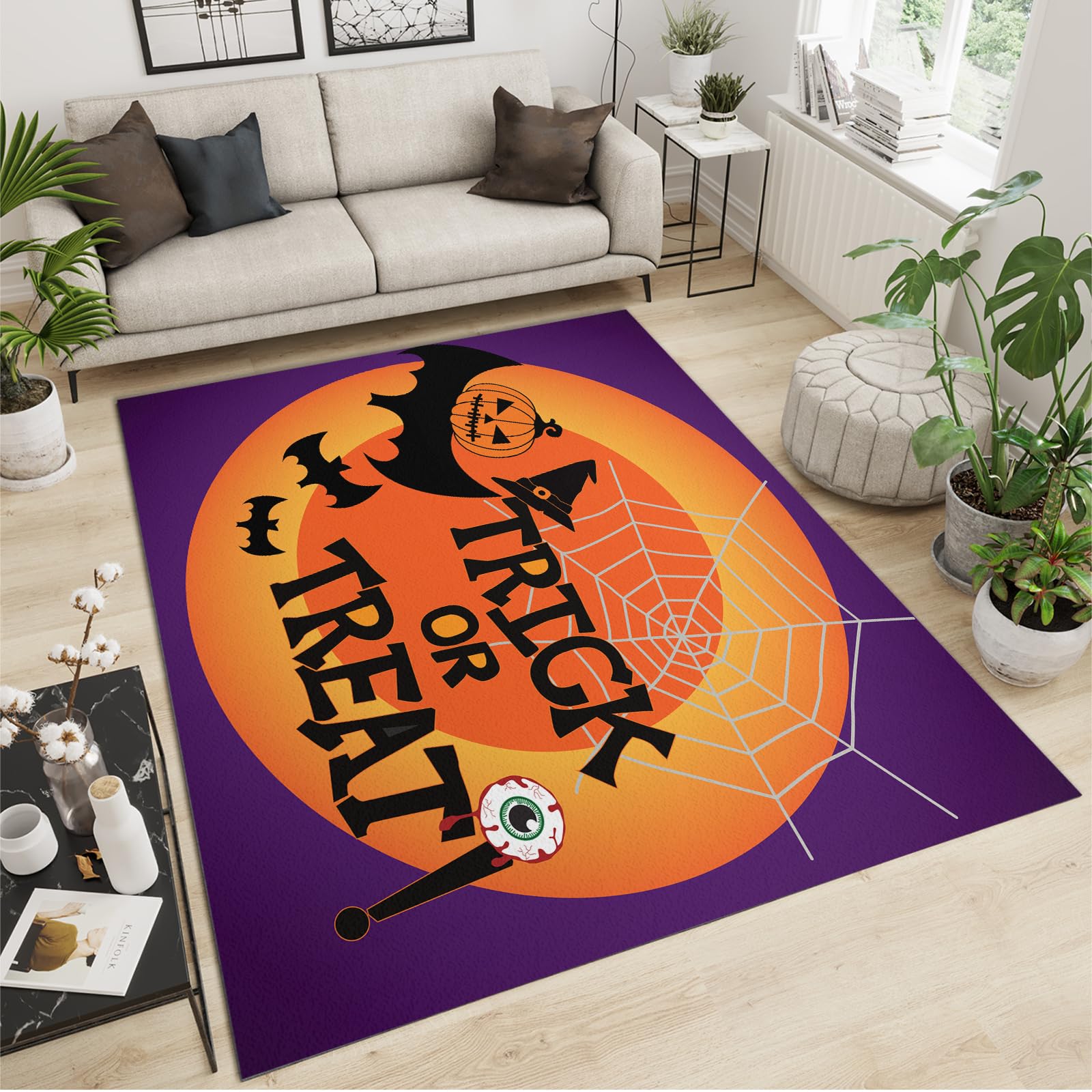 QDJKBL Area Rugs 180 x 220 cm Halloween Decoration Cartoon Children, 3D Weird Pumpkin Black Bat Eyeball Runner Rug, Entrance Carpet Water Proof Bright Color for Living Study Bedroom