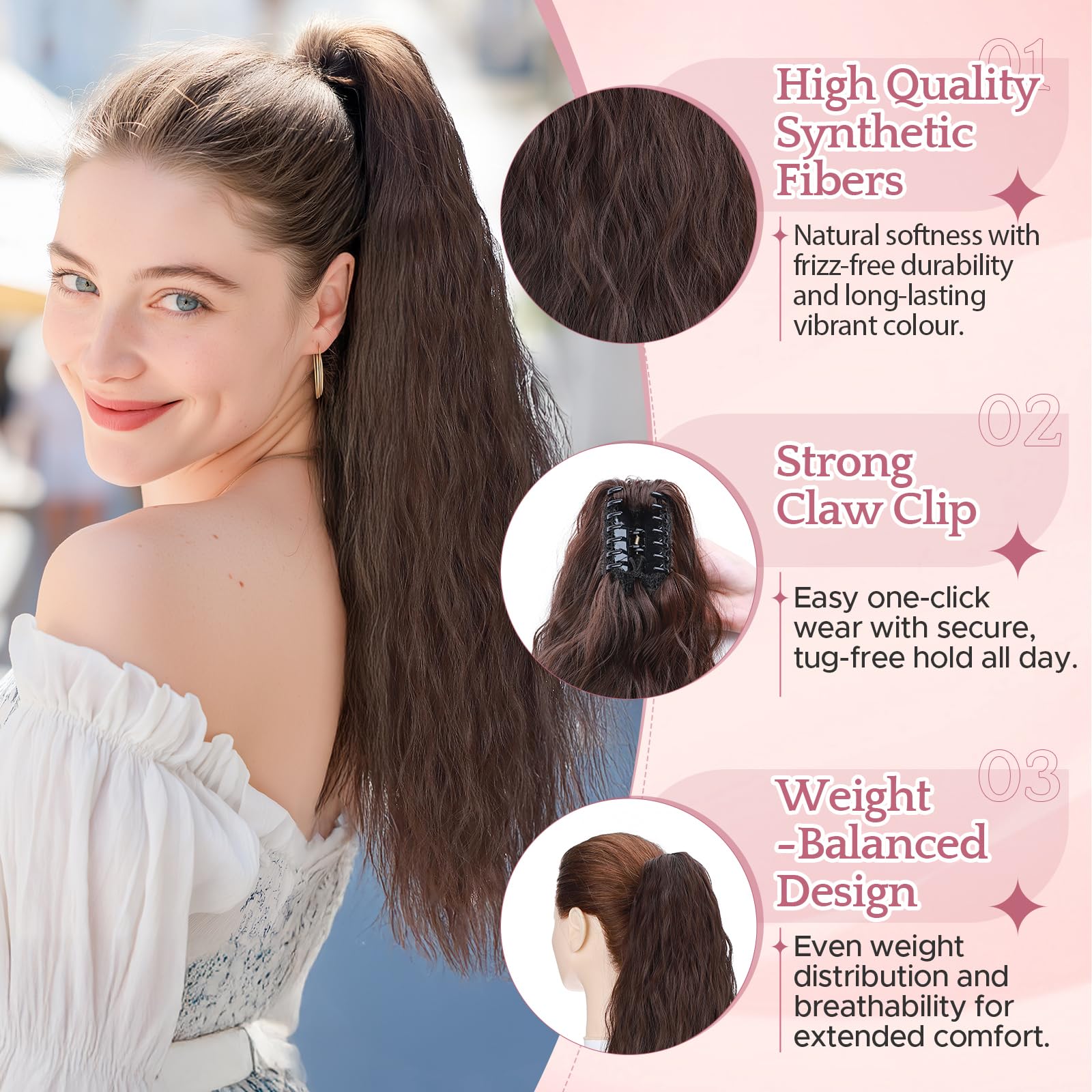 SEGO Pro Claw Clip Ponytail Hair Extensions Synthetic Pony Tail Hair Pieces for Women 24 Inch Wavy 165g (Natural Brown) - Image 2