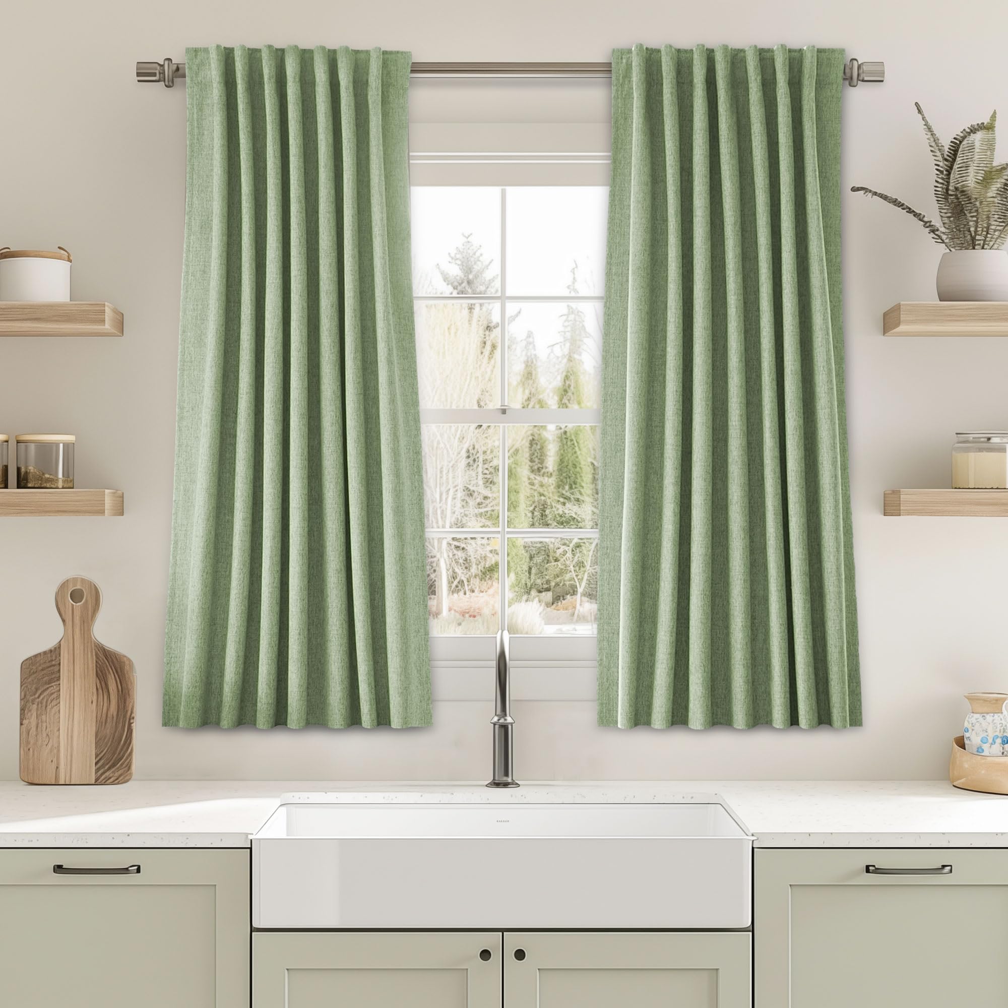UHITECH Kitchen Curtains 54 Inch Length 2 Panels Set Sage Green Curtain for Living Room Thermal Insulated Textured Blackout Short for Bedroom 52