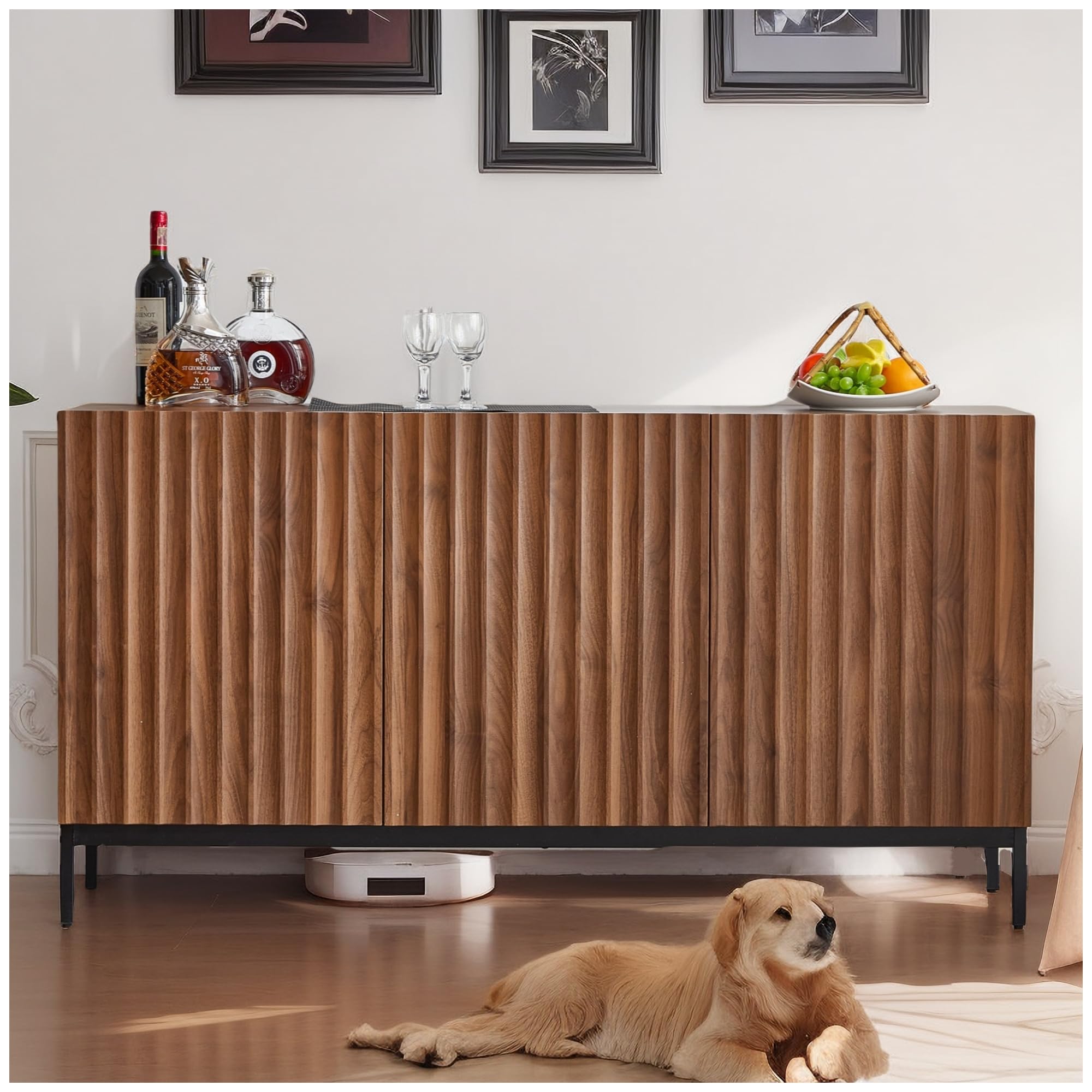 150x40x80cm, aparador en roble oscuro, mueble decorativo moderno de mediados de siglo, 3 puertas, diseño ondulado, estantes ajustables, elegante mueble contenedor para salón, comedor, oficina