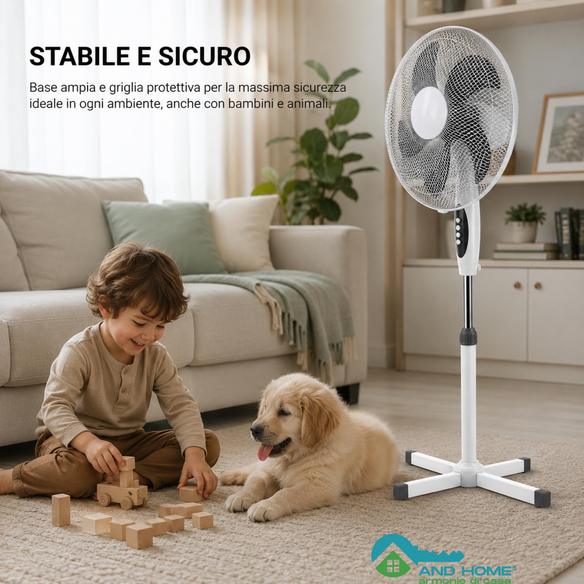 Ventilatore a Piantana Ø 40 cm BIANCO - FACILE MONTAGGIO - 50 W - 3 Velocità - STABILE e SILENZIOSO - Oscillazione Orizzontale - Altezza Regolabile 103-130 cm - Testa Inclinabile - Base a Croce