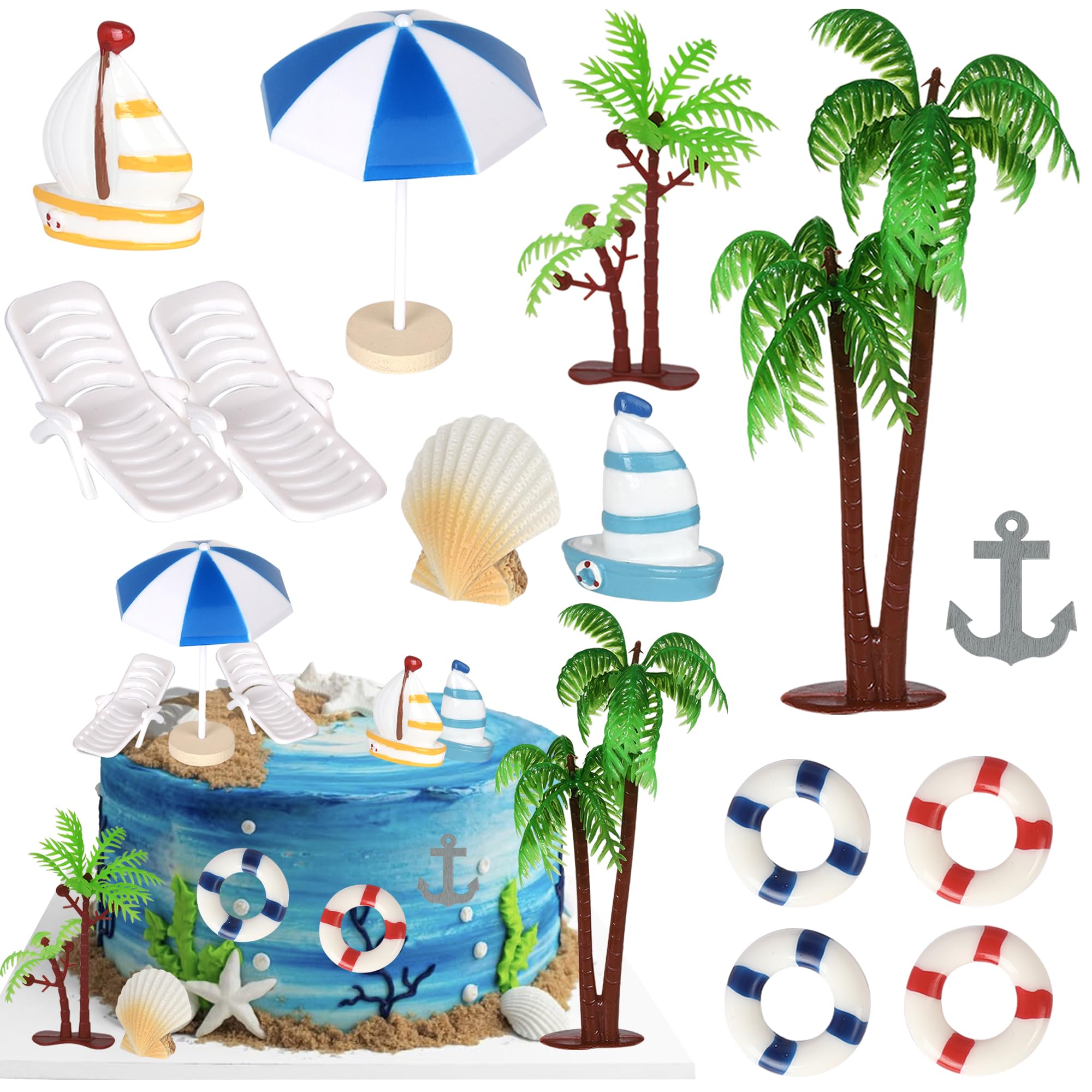 Xsstarmi Hawaiian Beach Cake Topper Decoration Chair Umbrella Boat Palm Tree Beach Cake Toppers for Summer Tropical Aloha Baby Shower Birthday Wedding Party Cake Decorations Supplies