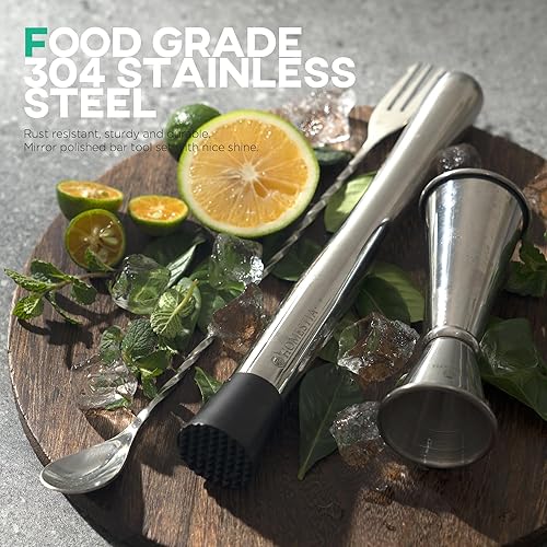 Miniatura 7 de Homestia Juego de muro de 10 pulgadas, para cócteles, cuchara de bar y jigger, 3 herramientas de barman de acero inoxidable para triturar frutas,