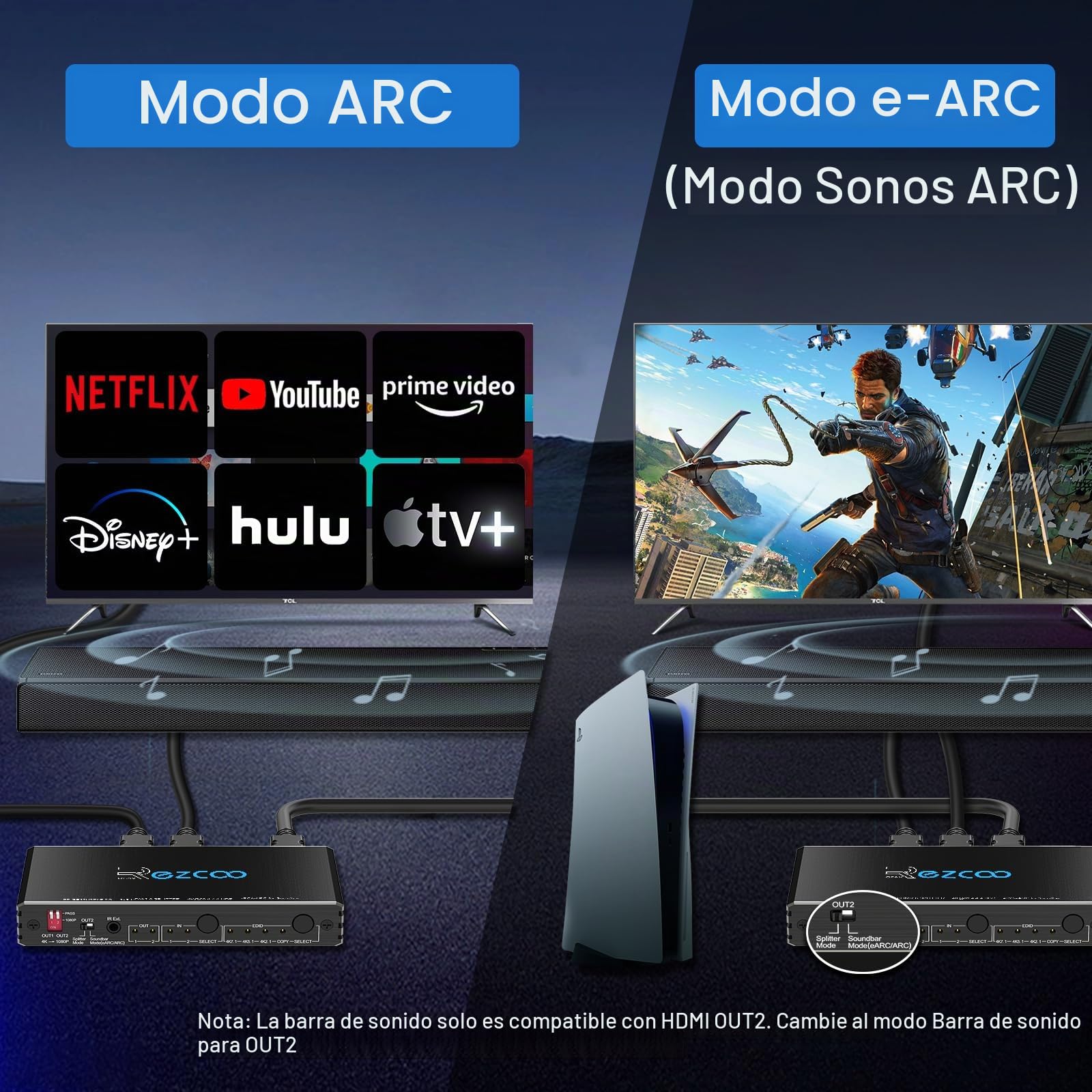 Divisor HDMI 4K 60Hz ARC/eARC for Soundbar HDMI Switch Bi-Direction 1 In 2 Out or 2 Input to 2 Output to 2 Output SPDIF 5.1CH Breakout D-olby Vision Atmos HDR CEC HDCP2.2 Scaler 4K 1080 for Xbox, PS5