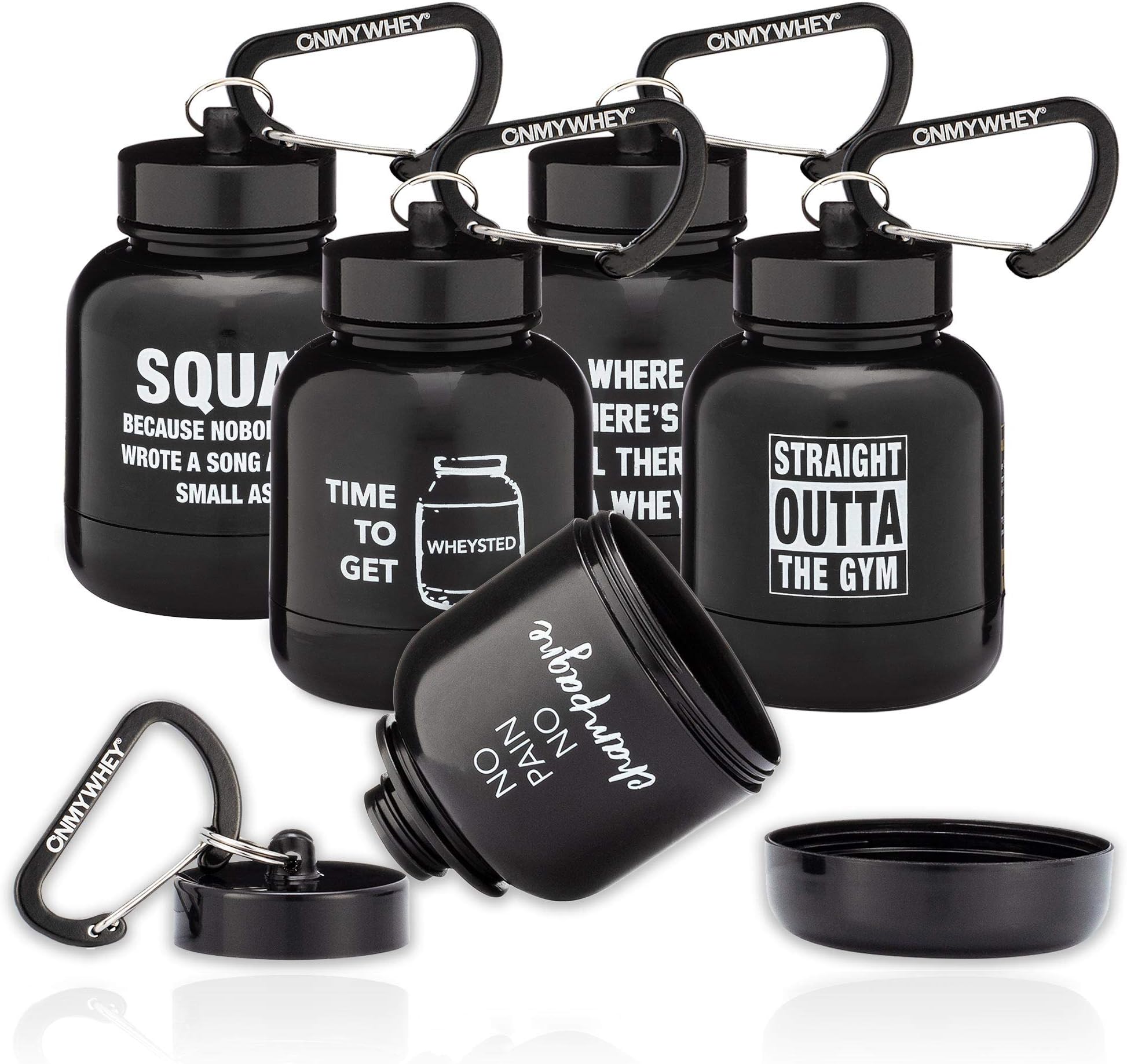 OnMyWhey - Protein Powder and Supplement Funnel Keychain, Portable to-Go Container for The Gym, Workouts, Fitness, and Travel - TSA Approved, Punny Variety 5-Pack