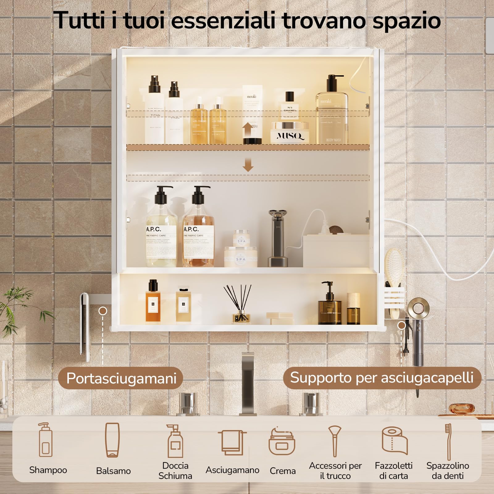 Specchio Bagno Contenitore 70x78x18 cm – Luce LED 3 Lati, Touch con 3 Luci & Prese + USB, Porta Asciugacapelli e Asciugamani, Mobile Bagno con Specchio a Due Ante – Soft-Close