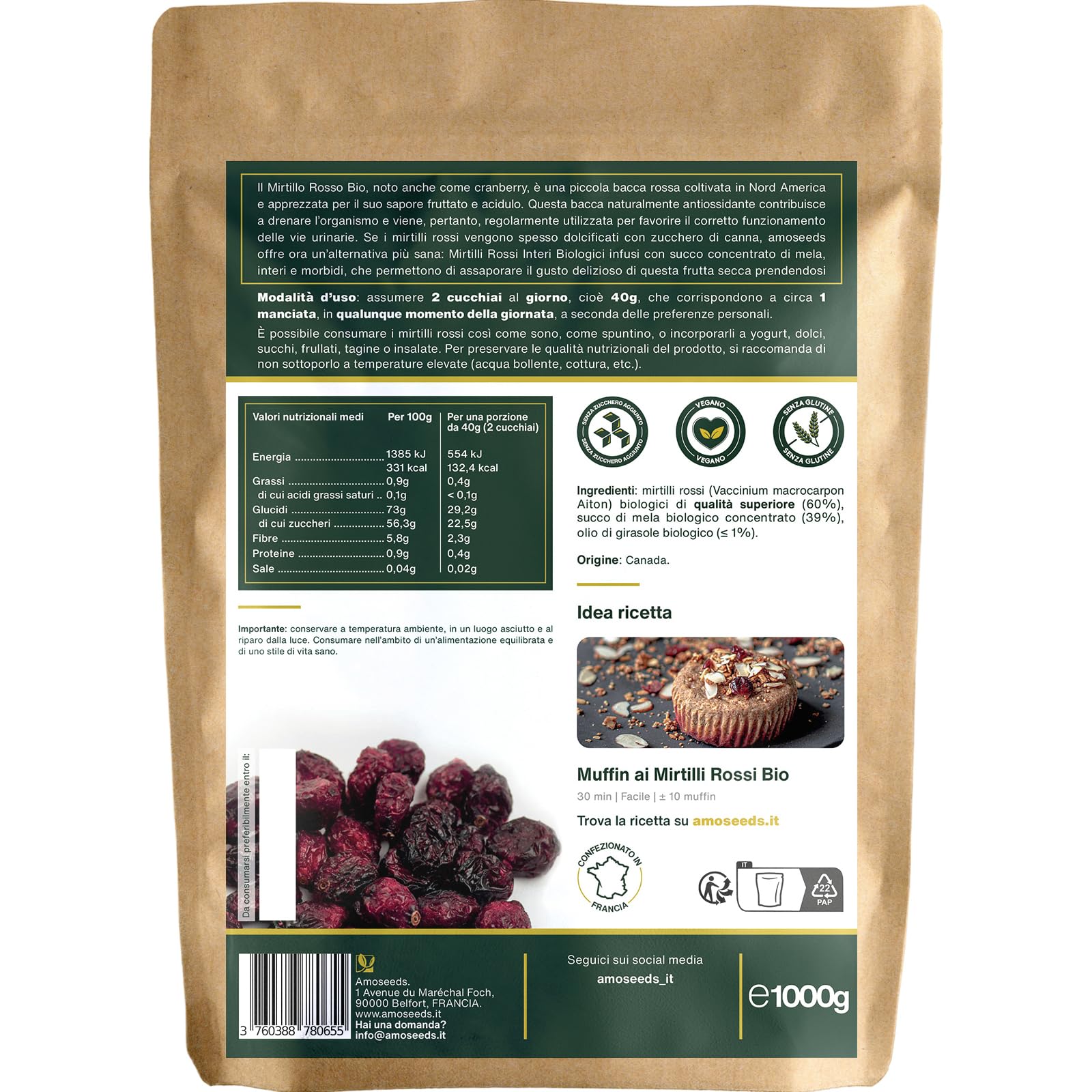 Mirtilli Rossi Interi BIO 1KG | Disidratati, Senza Zucchero, Infusi con Succo di Mela Bio | Vie Urinarie, Gustosi | Qualità Superiore