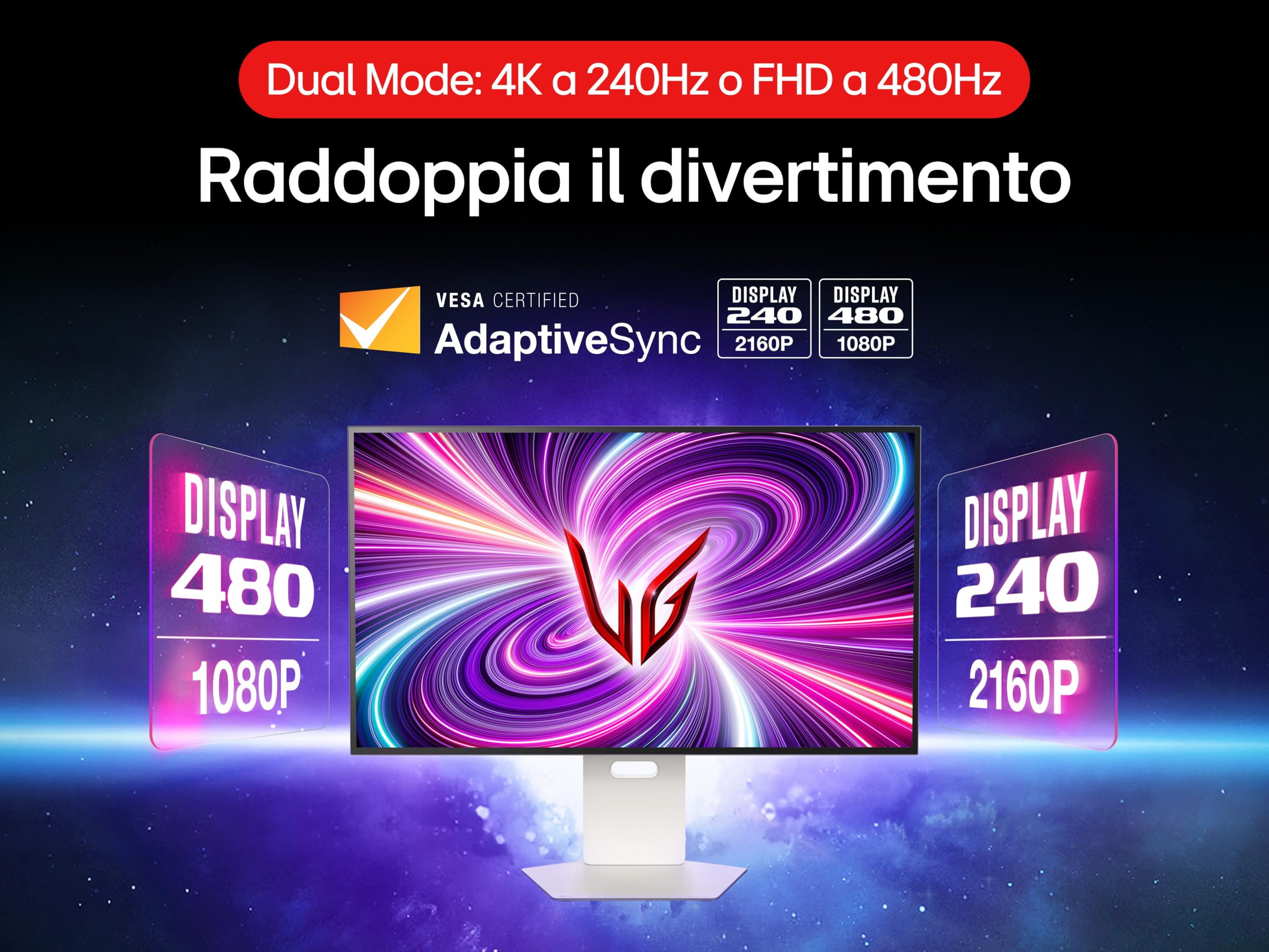 LG UltraGear OLED 32GS95UV Monitor Gaming 32", UHD 4K (3840x2160) 240Hz, 480Hz in FHD con Dual Mode, 0,03ms (GtG), G-Sync, FreeSync Premium Pro, HDR 400 True Black, HDMI 2.1, DisplayPort, Bianco