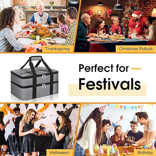 Miniatura 6 de Porta cacerolas doble aislado, porta cacerolas portátil para alimentos calientes o fríos, bolsa para calentar o enfriar el almuerzo o bolsa de