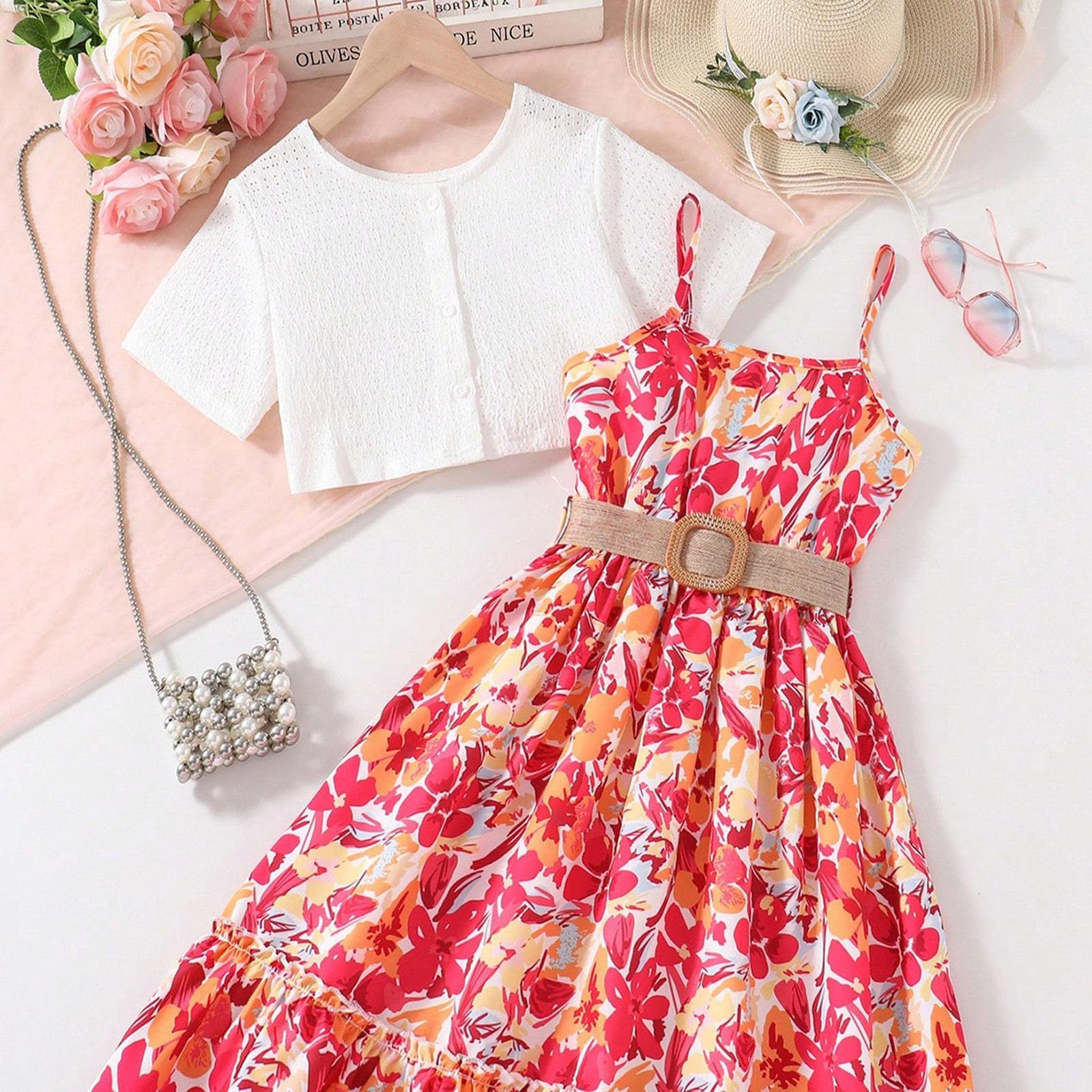 Ensemble Ete Enfant Fille 7-12 ans Tailleur Chemise à Manches Courtes Et Robe sans Manche Ado Fille Chic et Elegant Habillée Fluide Large Pas Cher Confortable Casual Vacances