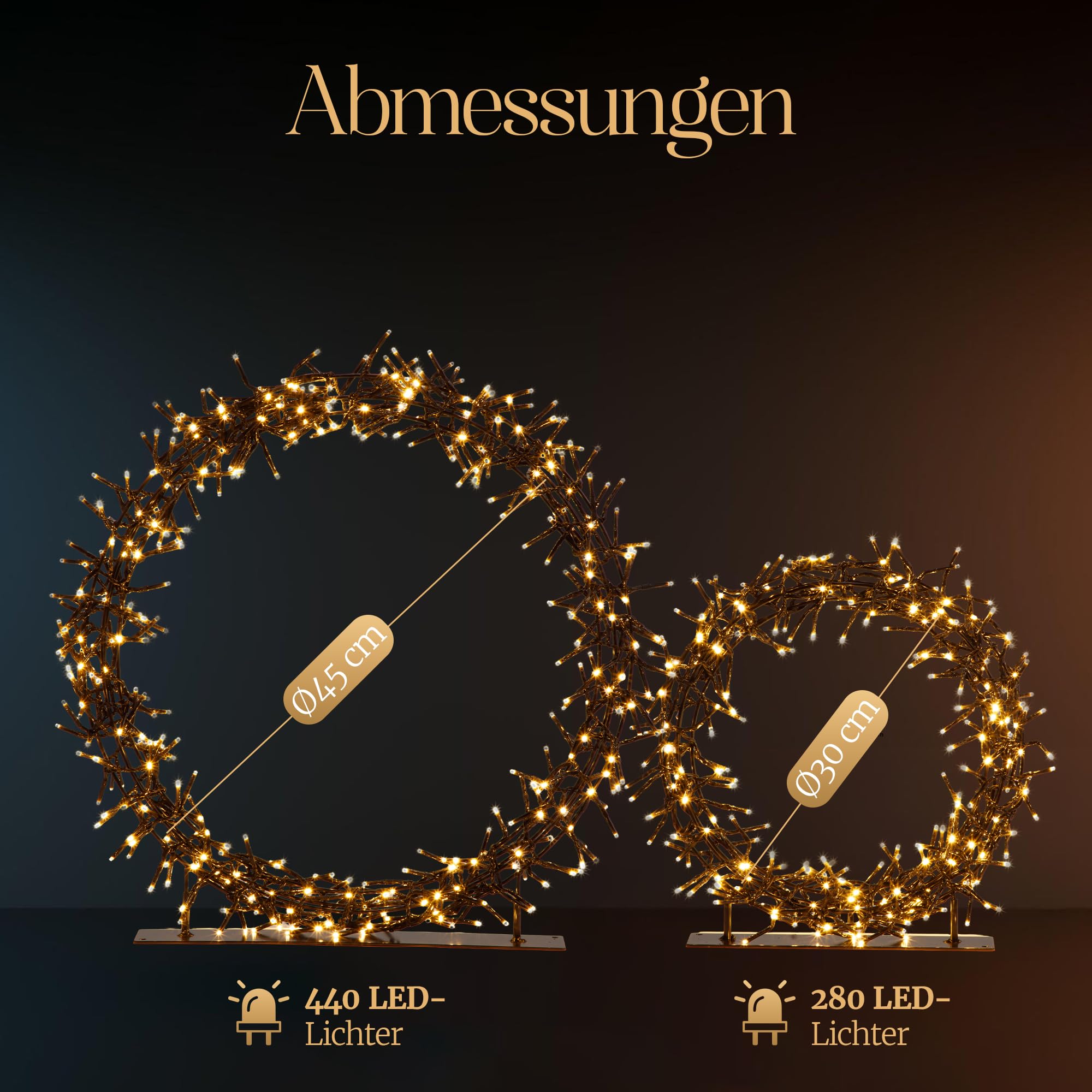 Meisterhome® LED Kerzring 2er-Set – Ø30 cm 280 LEDs & Ø45 cm 440 LEDs – Dekorationsring/Weihnachtskranz mit Beleuchtung – Warmweiß – Timer & Dimmer – für Innen- und Außenbereich