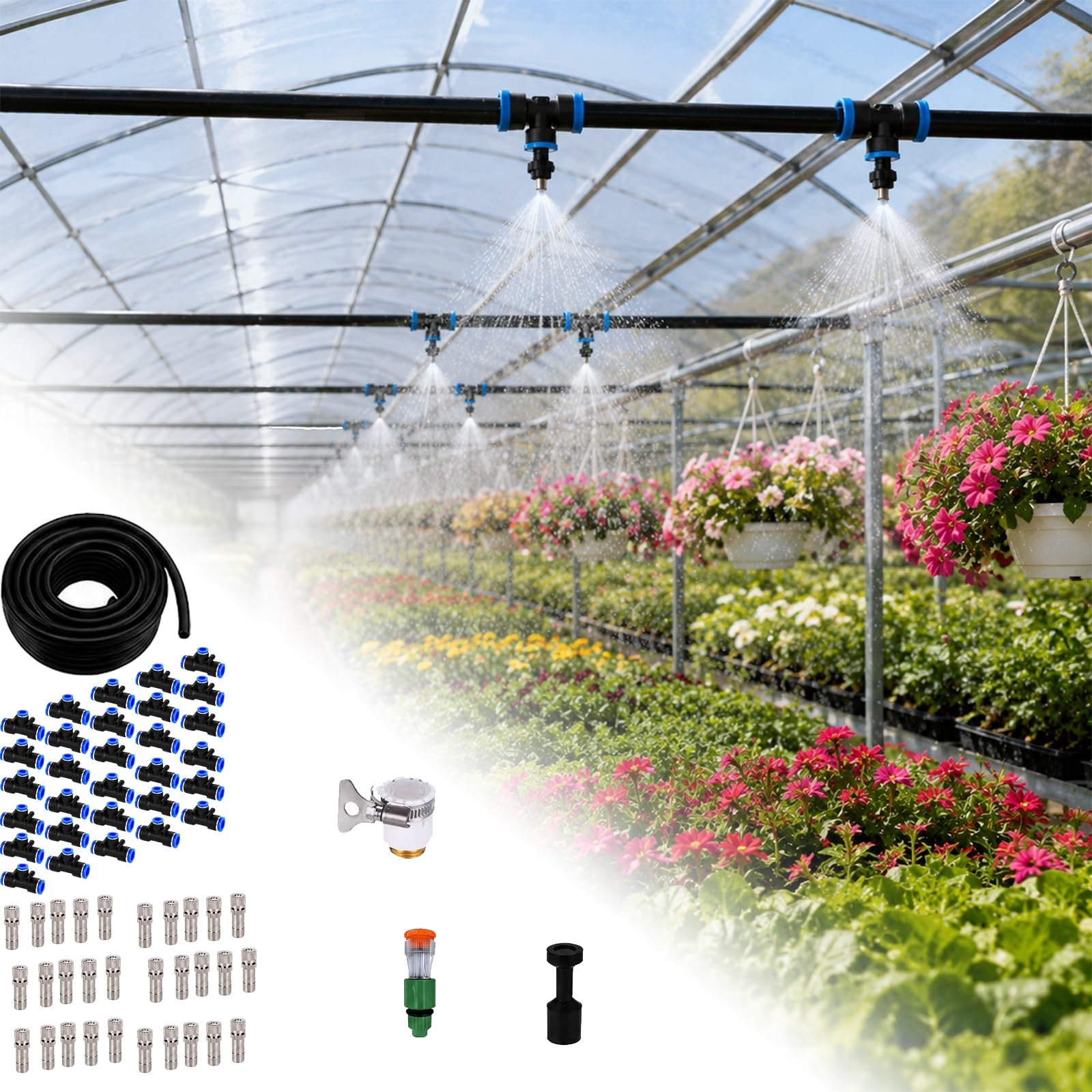 Sprinkler Irrigation Kits Flower Vegetable Growing Drip Irrigation Kits, Quick Connect Sprinkler System, Efficient Greenhouse Humidification Atomizer Watering(30m/98.4')