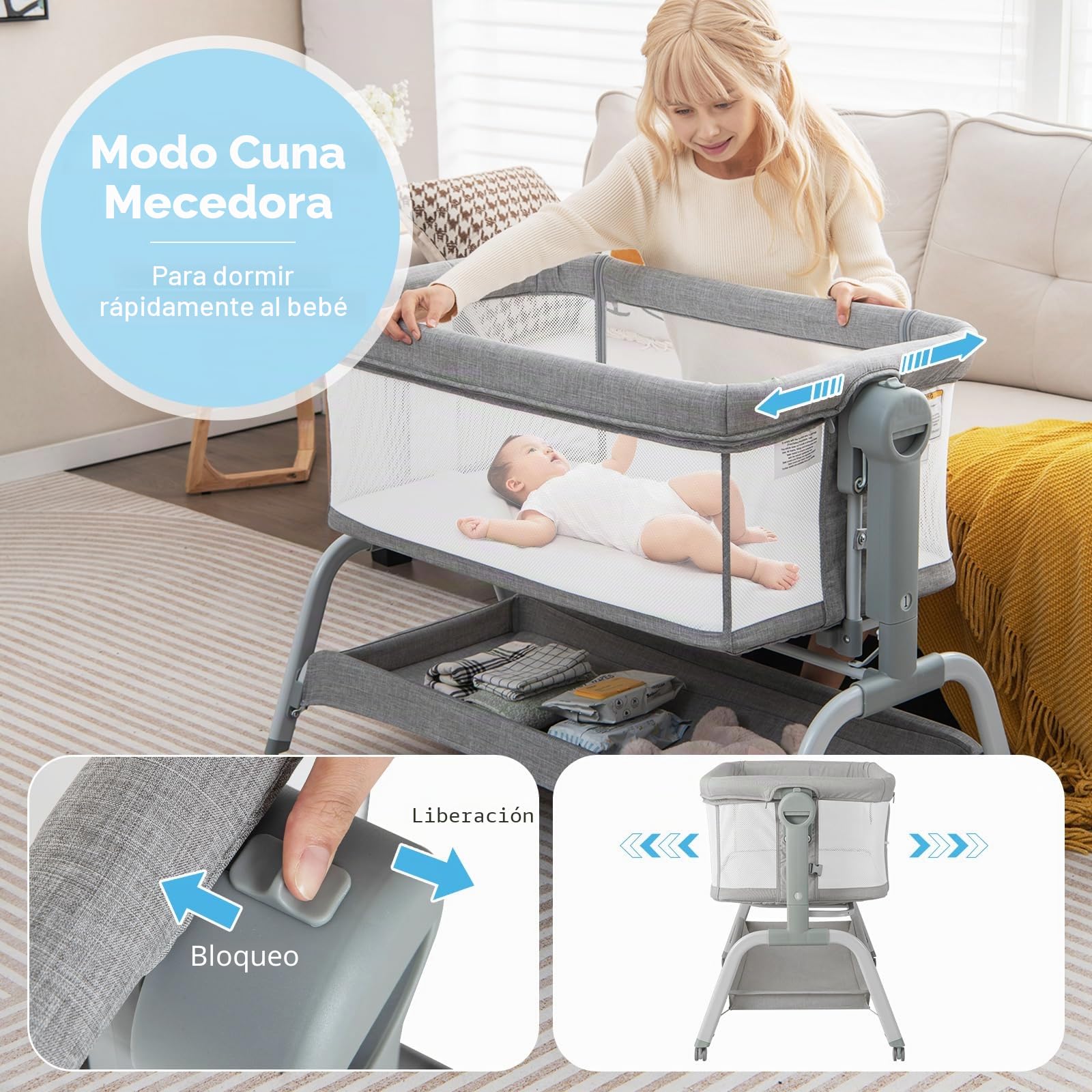RELAX4LIFE 3 en 1 Cuna de bebé lado a la cama, cuna de camping con colchón, correa de fijación y mosquitera, altura ajustable 6 posiciones, bolsa de transporte, para niños 0-6 meses (gris)