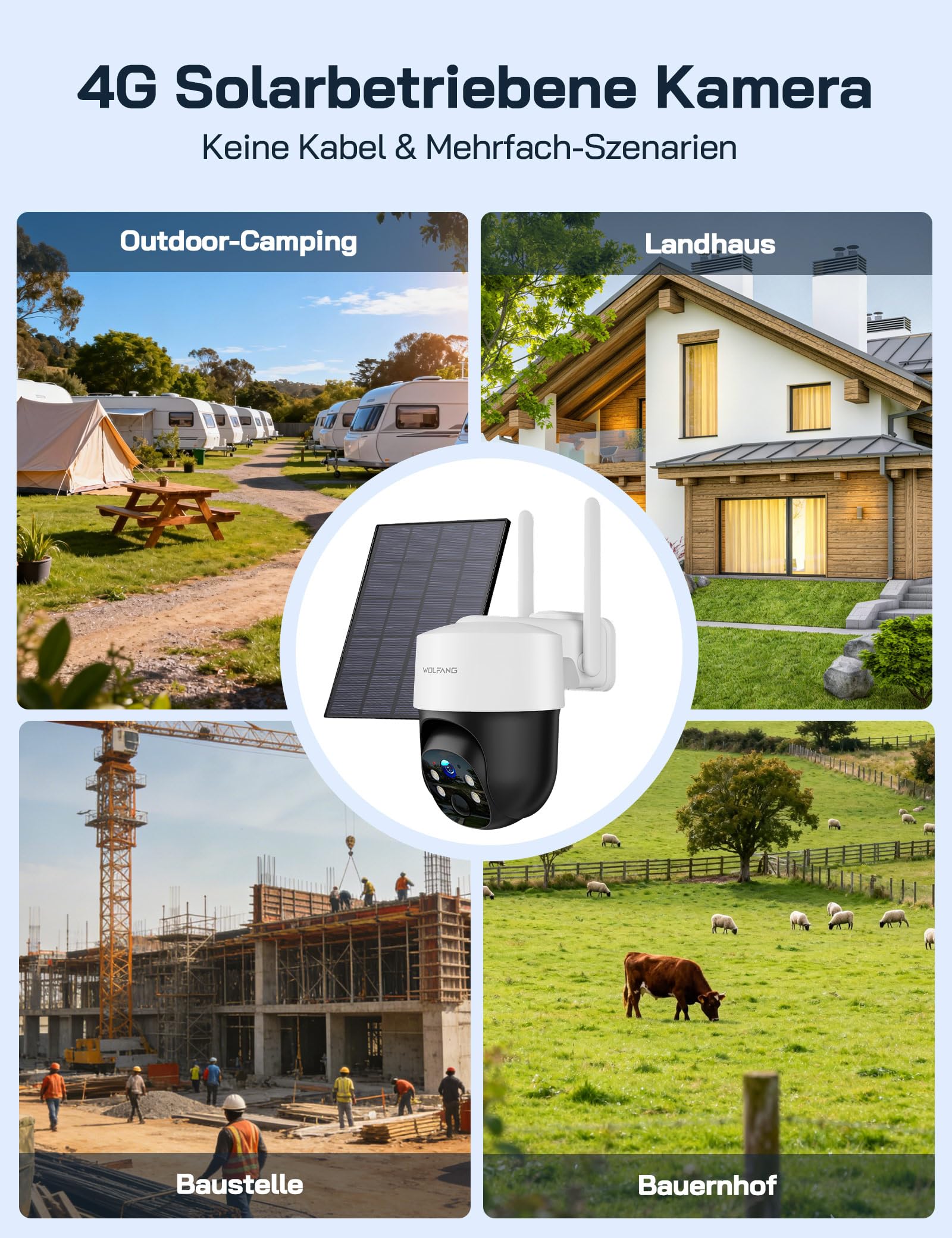 WOLFANG 4G LTE Wildkamera Solar, 2.5K Wildkamera mit Handyübertragung App, 0,2s PIR Auslösezeit, Bewegungsmelder & Echtzeitalarm, Infrarot Nachtsicht, 8000mAh Akku, 32GB microSD-Karte, IP66