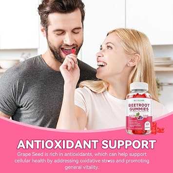 Beetroot Gummies with Grape Seed, Niacin, CoQ10, Vitamin C, B12, L-Citrulline & L-Arginine, Antioxidant Support, Sugar-Free Beet Root Supplement for Women & Men, 120 Count