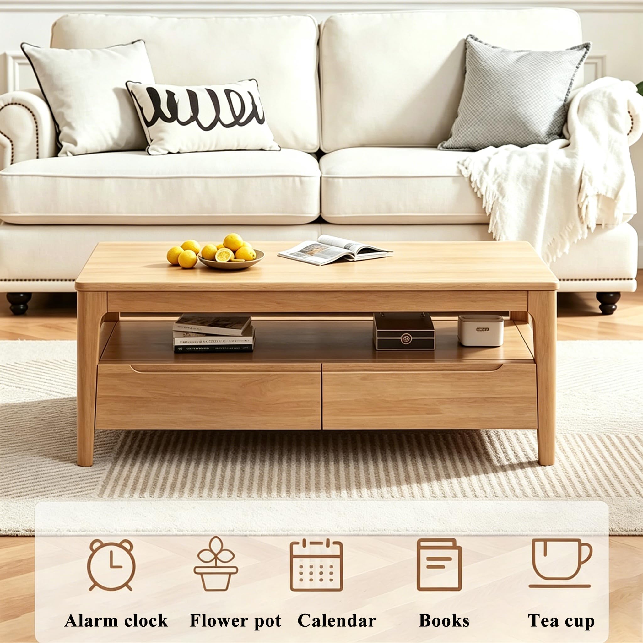 Mesa de Centro Rectangular de Madera Maciza con 4 Cajones y Estante de 2 Niveles – Gran Almacenaje para Salón, Oficina, Apartamento – Estilo Campestre, Madera Natural (100x50x45cm)