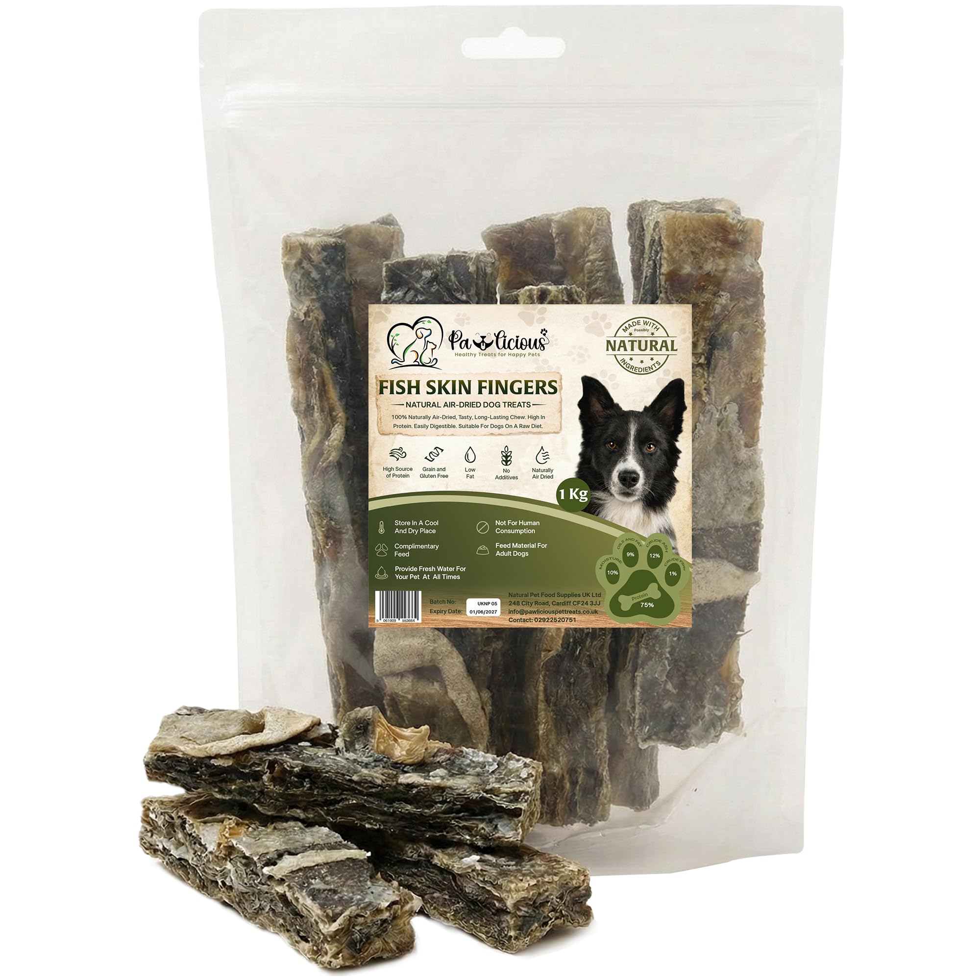 Pawlicious 1Kg Fish Skin Finger for Dog Treats, Healthy & Natural Treat for Dogs, Air Dried Hypoallergenic Grain Free, Low Fat & High Protein Dog Chews