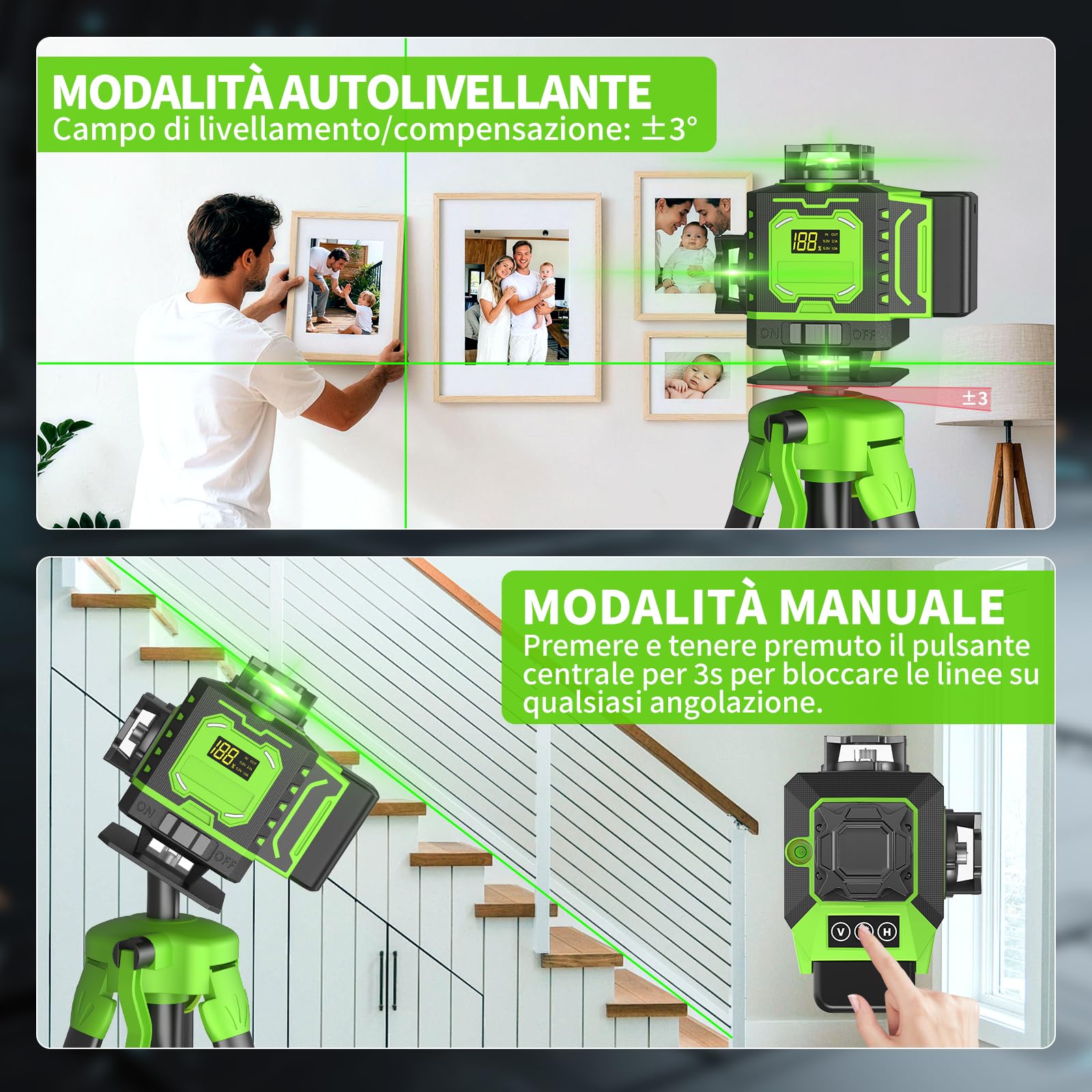 Livello Laser Cantiere Autolivellante 360° x 4 Con Treppiede, Lazer Livelli 4D 16 Linee Laser, Modalità Impulso Esterno, 2 x Batteria, Livellamento Automatico, Supporto Rotante, Telecomando