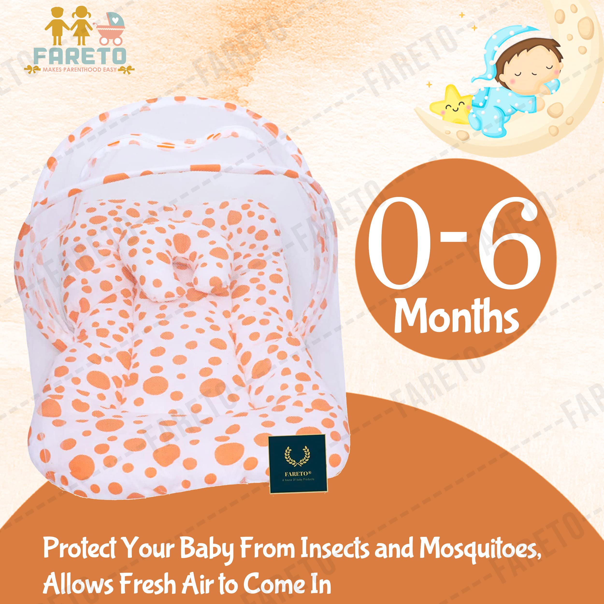 Fareto New Born Baby Mattress with Net (0-6 Months) (Orange) 2