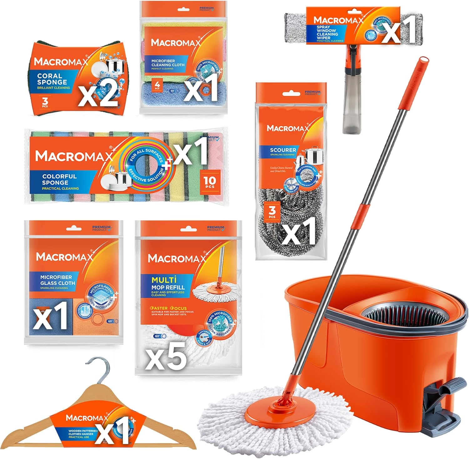 Macrofresh MacroMax 14-Pc Home Cleaning Kit: Hands-Free Pedal Spin Mop & Bucket System, 5 Microfiber Refills, Microfiber Cloths, Glass Cloths, Multi-Color Sponges & Hangers