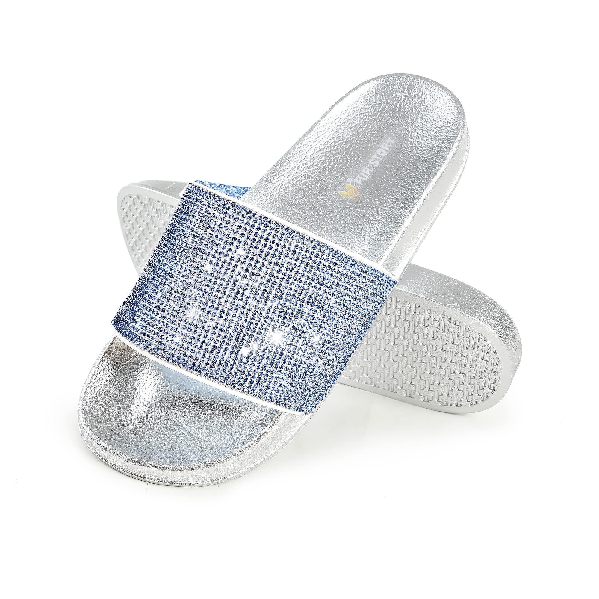 Fur Story Womens Slides House Slippers Rhinestone Glitter Slides Cute bling Flat for Women Platform Sandals Cozy Bedroom Slippers Shower Shoes