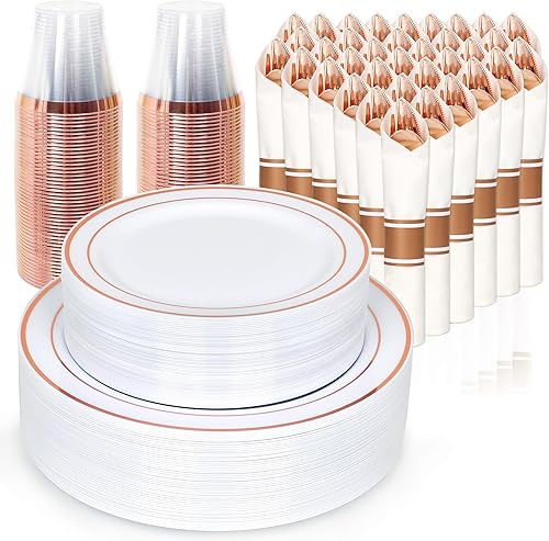Juego de vajilla de 350 piezas para bodas y fiestas, 50 platos de plástico para invitados, 50 cubiertos de plástico, 50 tazas, 50 servilletas de