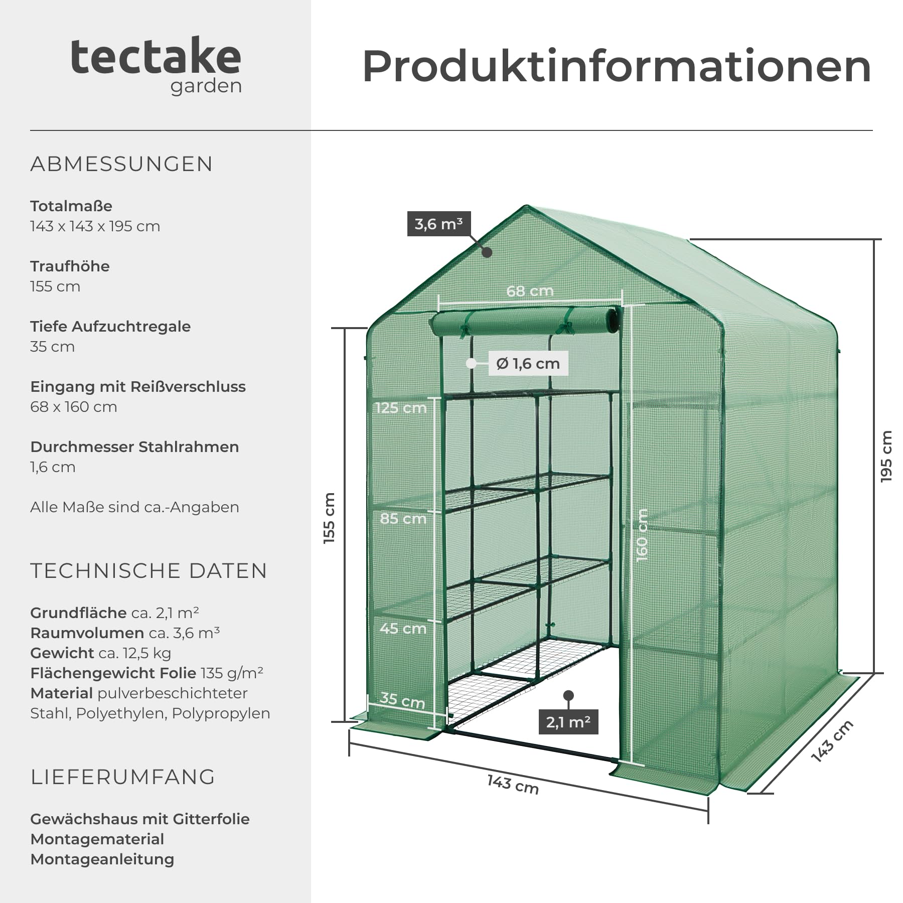 tectake® Foliengewächshaus mit UV-beständiger PE-Gitterfolie und 16 Metallablagegittern, 143 x 143 x 195 cm, Gewächshaus schützt vor Kälte, Regen und Frost, Anzucht Gewächshaus für Tomaten & Pflanzen