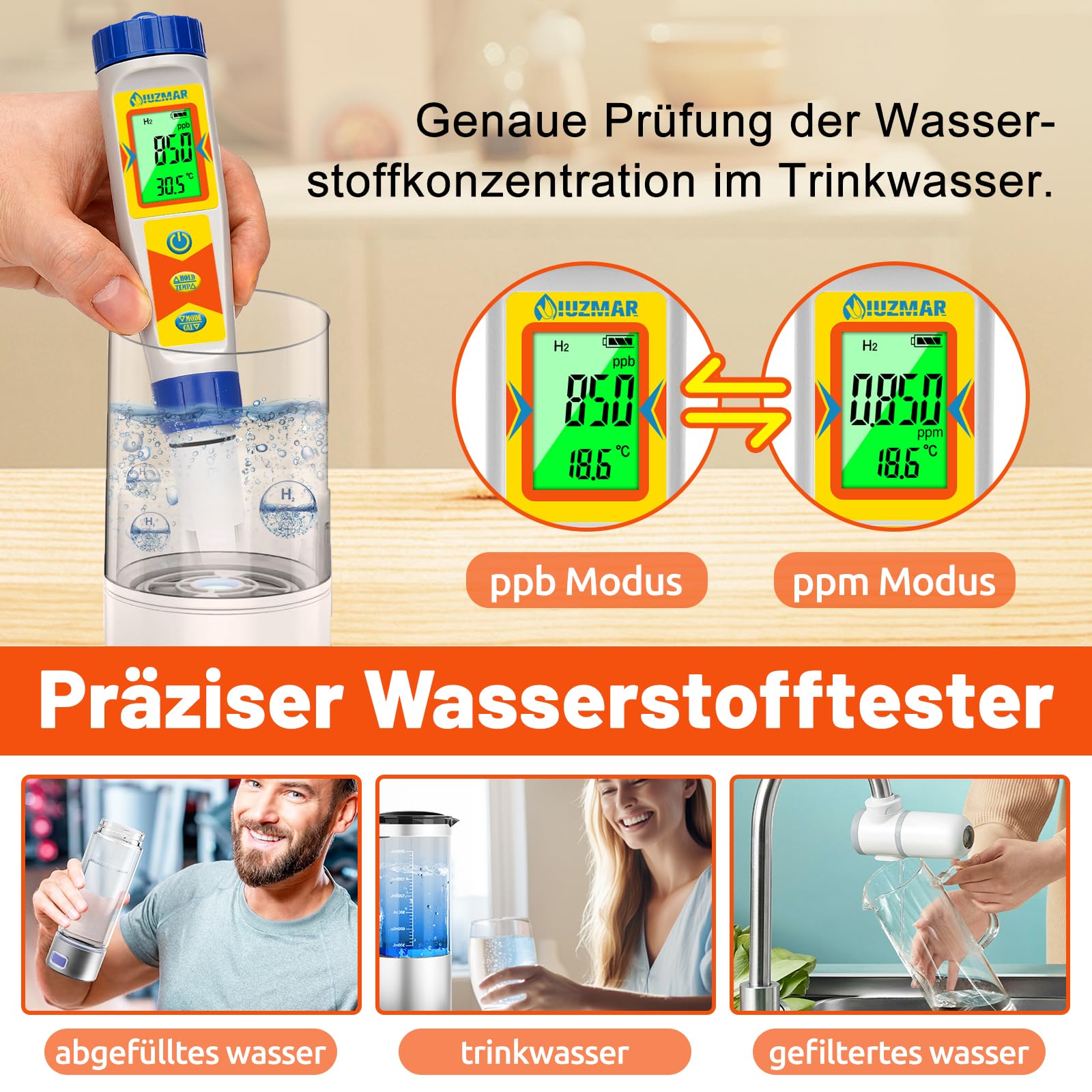 UIUZMAR Wasserstoff Messgerät und pH Messgerät Wasser, Wasserstoff Wasserflaschentester für Trinkwasser, 6 in 1 Wasserqualitätstester Mit pH H2 ORP TDS EC TEMP Funktion für Pool, Whirlpool, Hydroponik