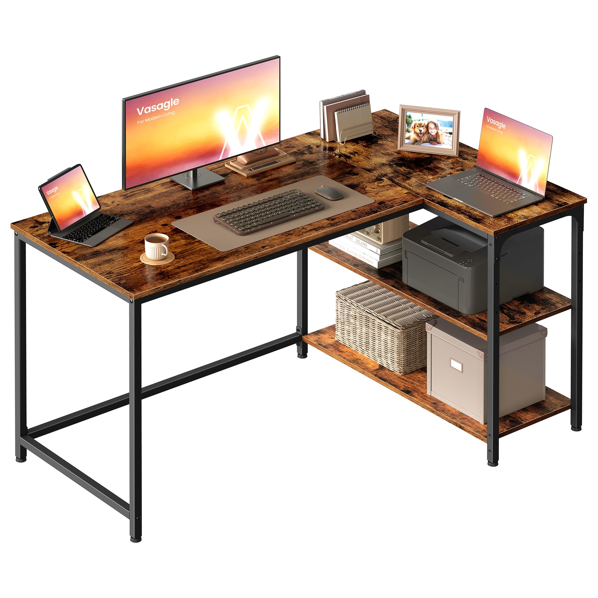 VASAGLE L Shaped Corner Desk, Computer Gaming Desk with Storage, Reversible Height-Adjustable Shelves, for Home Office, 120 x 80 cm, Rustic Brown LWD136KD01