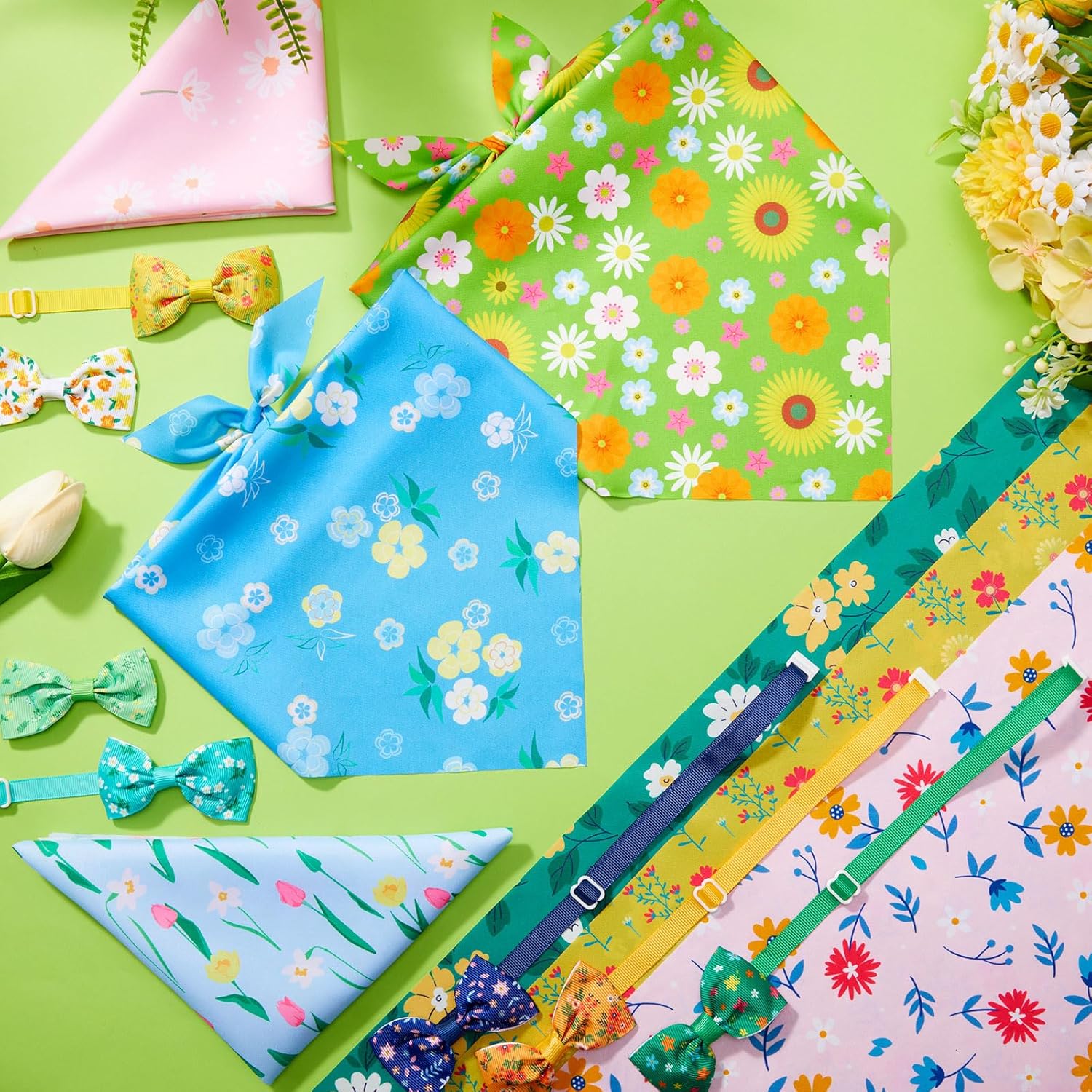 Sanwuta 50 Pcs Spring Dog Bandanas Bulk and Collar Bow Ties Set 25 Bandanas 25 Charm Collar with Daisy, Flower, Floral Triangle Pet Scarf Bowtie for Small Medium Large Costume Grooming