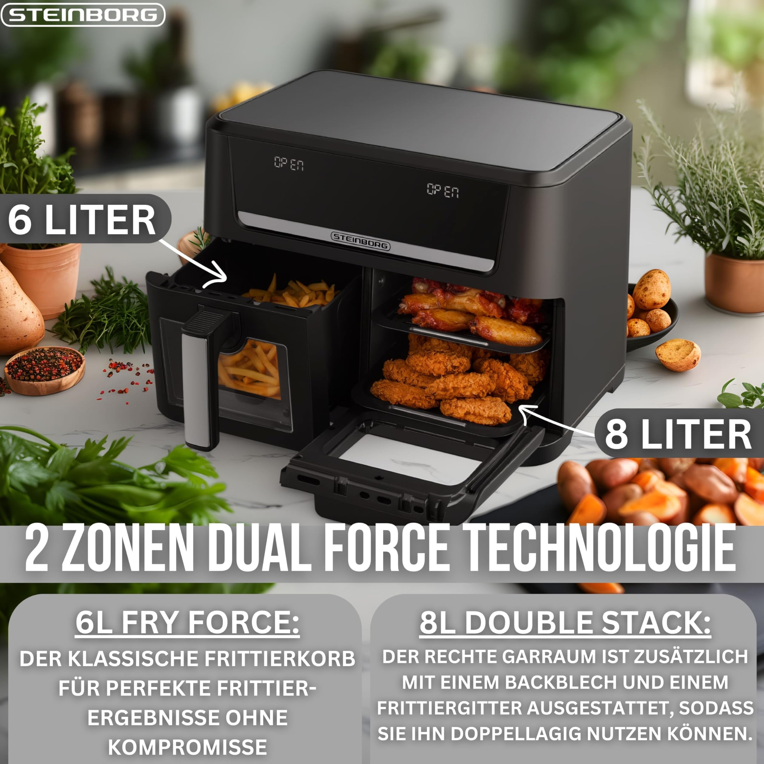 Steinborg® XXL Dual Zone frytkownica na gorące powietrze, 14 litrów (8 l + 6 l), 1700 W, z 2 komorami i 2 niezależnymi strefami gotowania, cyfrowy wyświetlacz, 10 programów w temperaturze 60–200°C