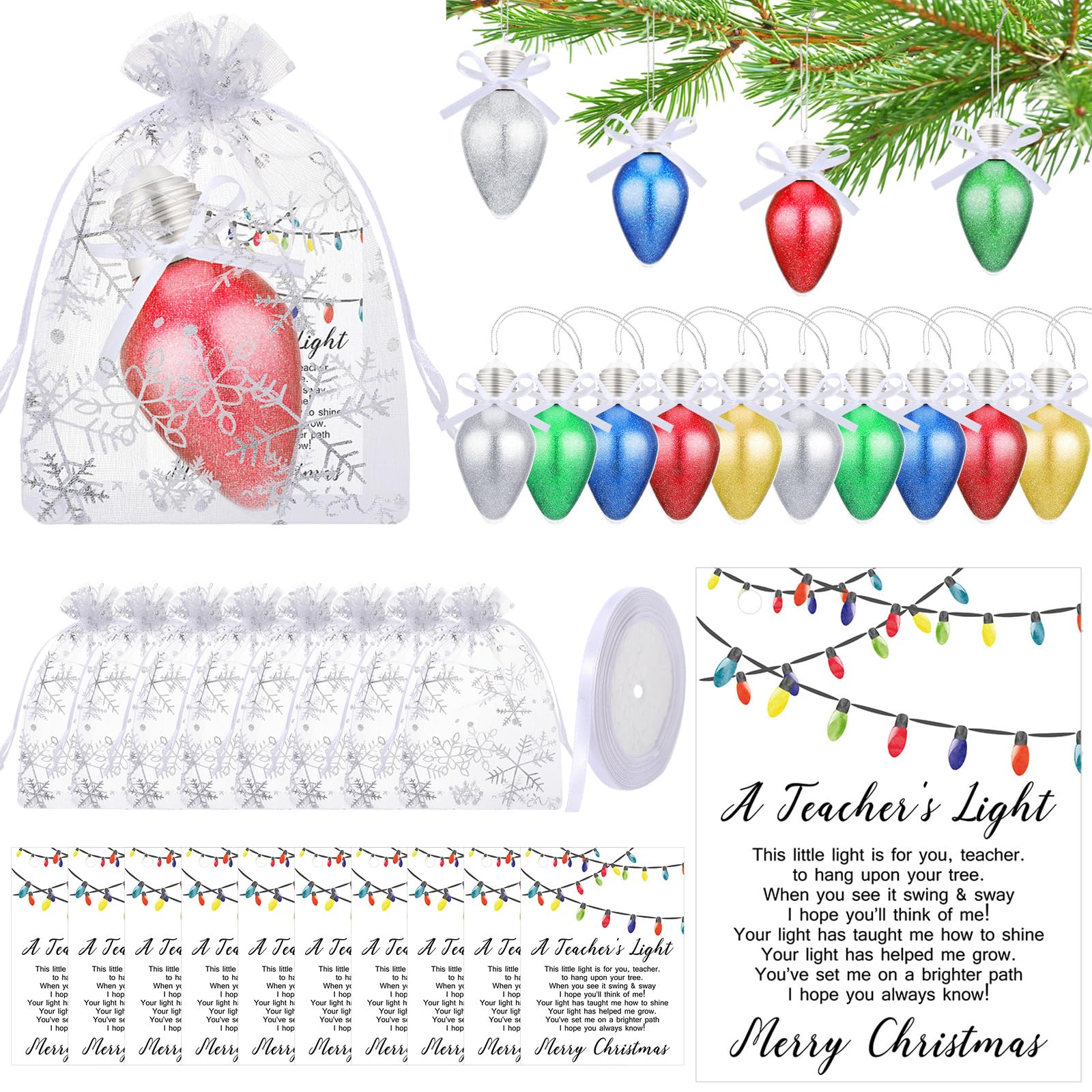 Riceshoot 10 Set Christmas Teacher Appreciation Gift Glitter Light Bulb Ornament for Christmas Tree Hanging Decoration with Thank You Card and