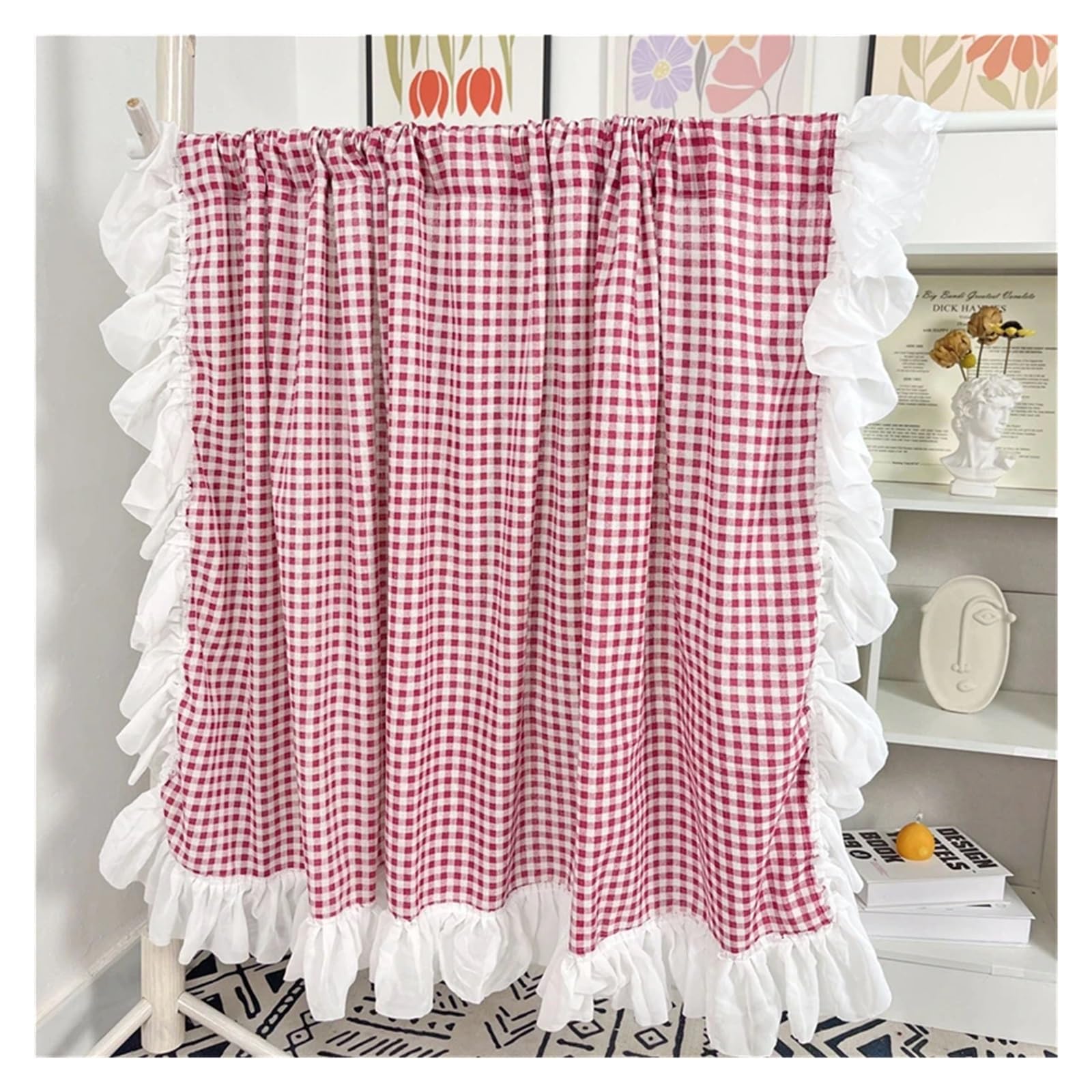 DFGRGRV Ruffle Curtains Sweet Lace Pink Plaid Short Curtains Rural Blue/Orange/Green Lattice Ruffles Half Cloth for Kitchen(Plum,W140 X H100 CM)